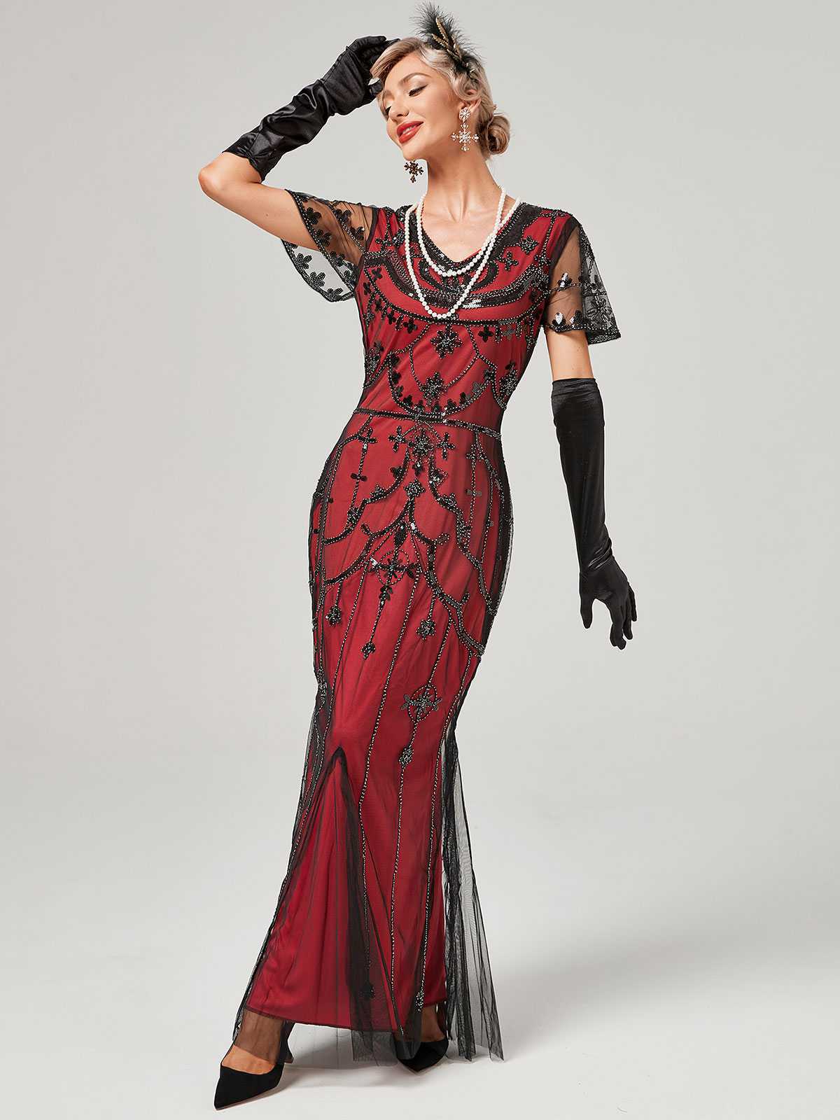 1920er V-Ausschnitt Paillettenbesetztes Mesh Meerjungfrauenkleid Formelles Kleid - Image 7