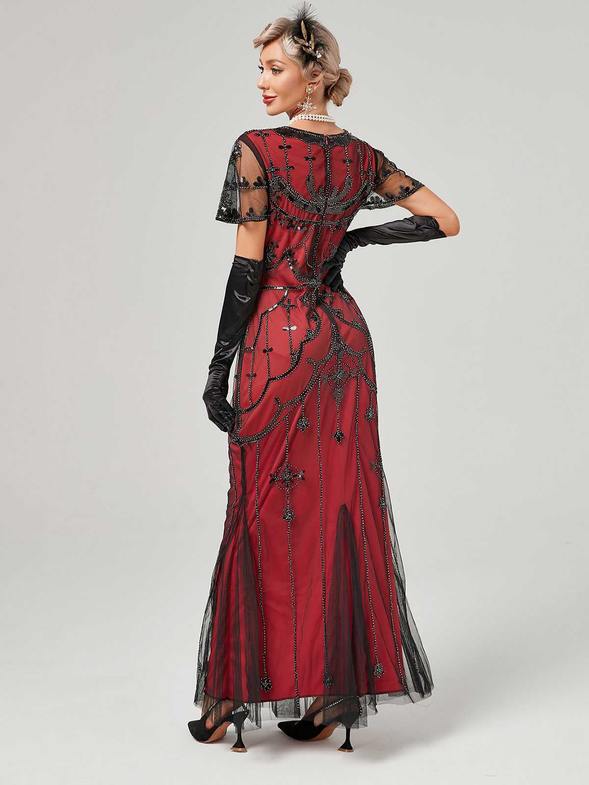 1920er V-Ausschnitt Paillettenbesetztes Mesh Meerjungfrauenkleid Formelles Kleid - Image 8