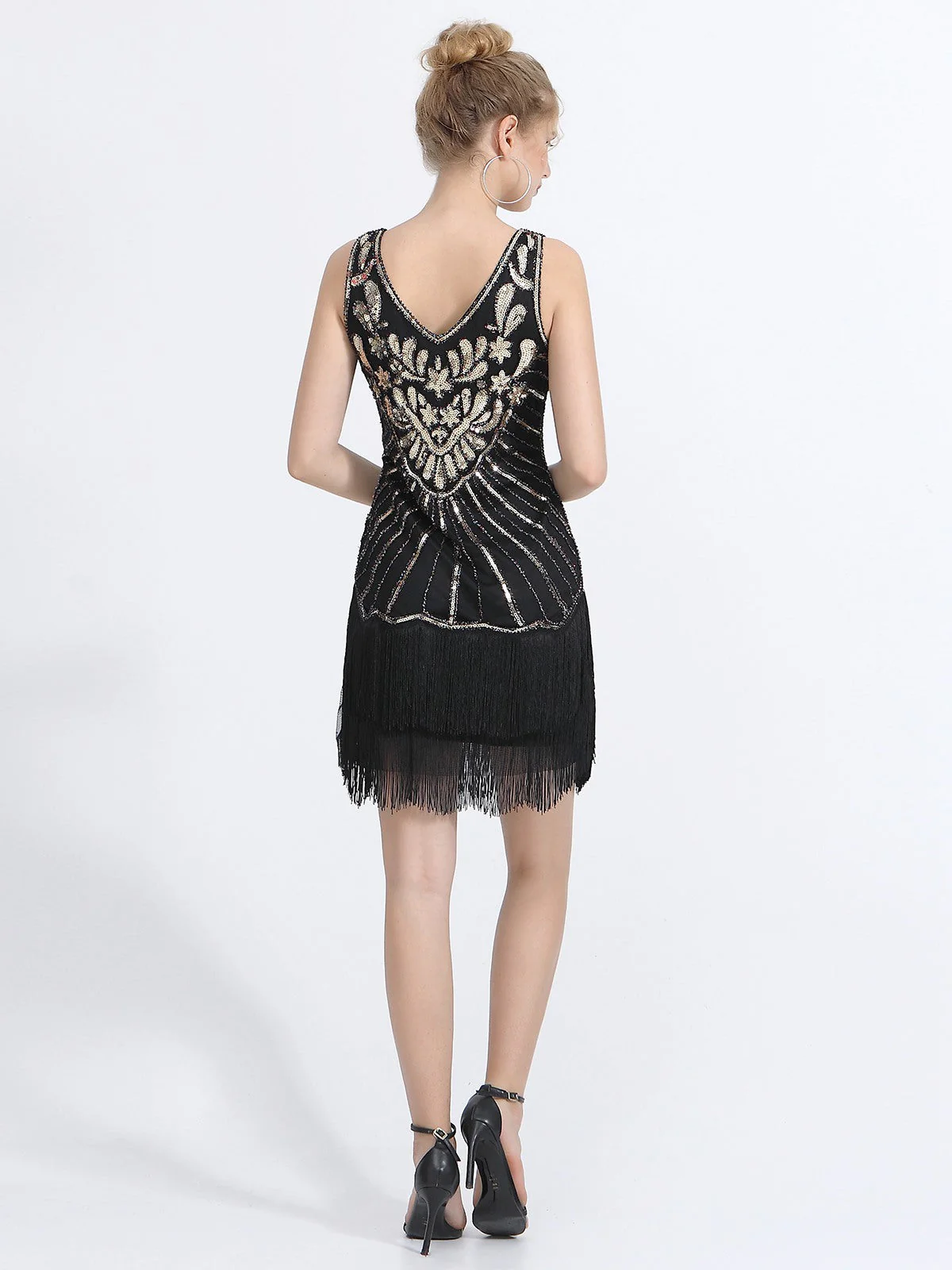 1920er V-Ausschnitt Pflanzen Quaste Pailletten Kleid - Image 3