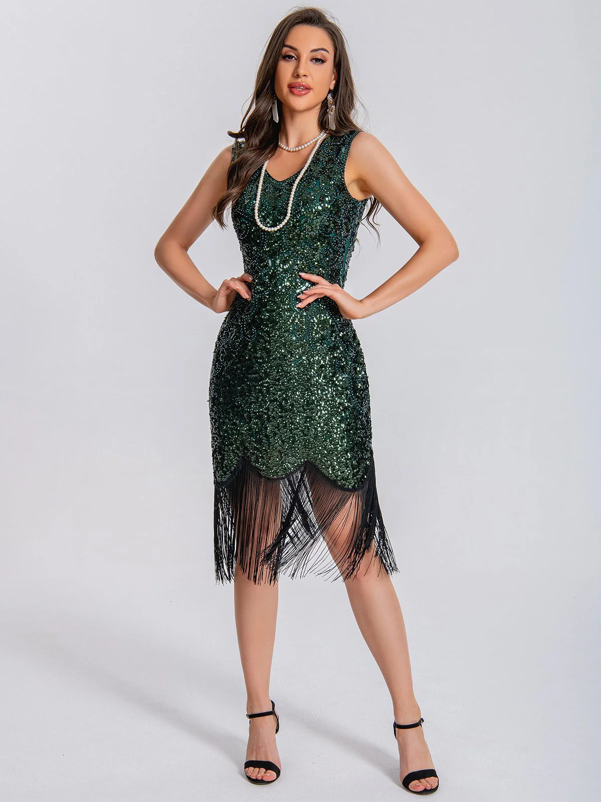 1920er V-Ausschnitt Quaste Pailletten Kleid - Image 3