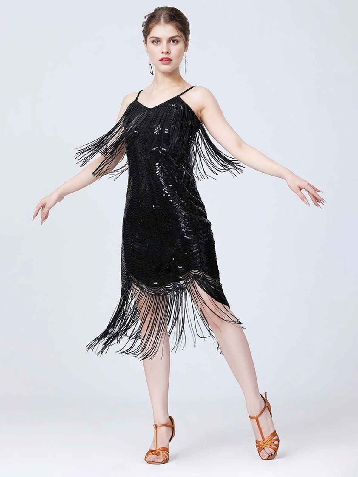 1920er V-Ausschnitt Quaste Solide Abend Tunic Kleid - Image 9