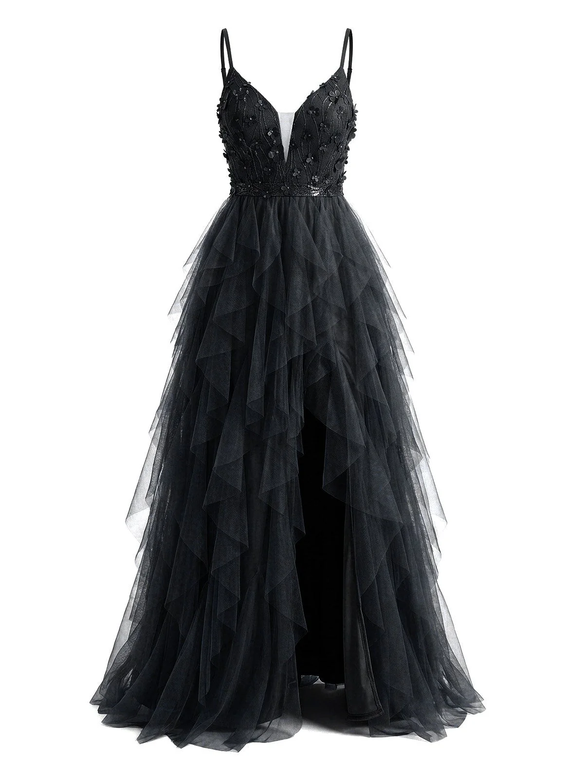 1930er Applikationen Tüll Glitzer Schlitz Gestuft Ballkleid - Image 6