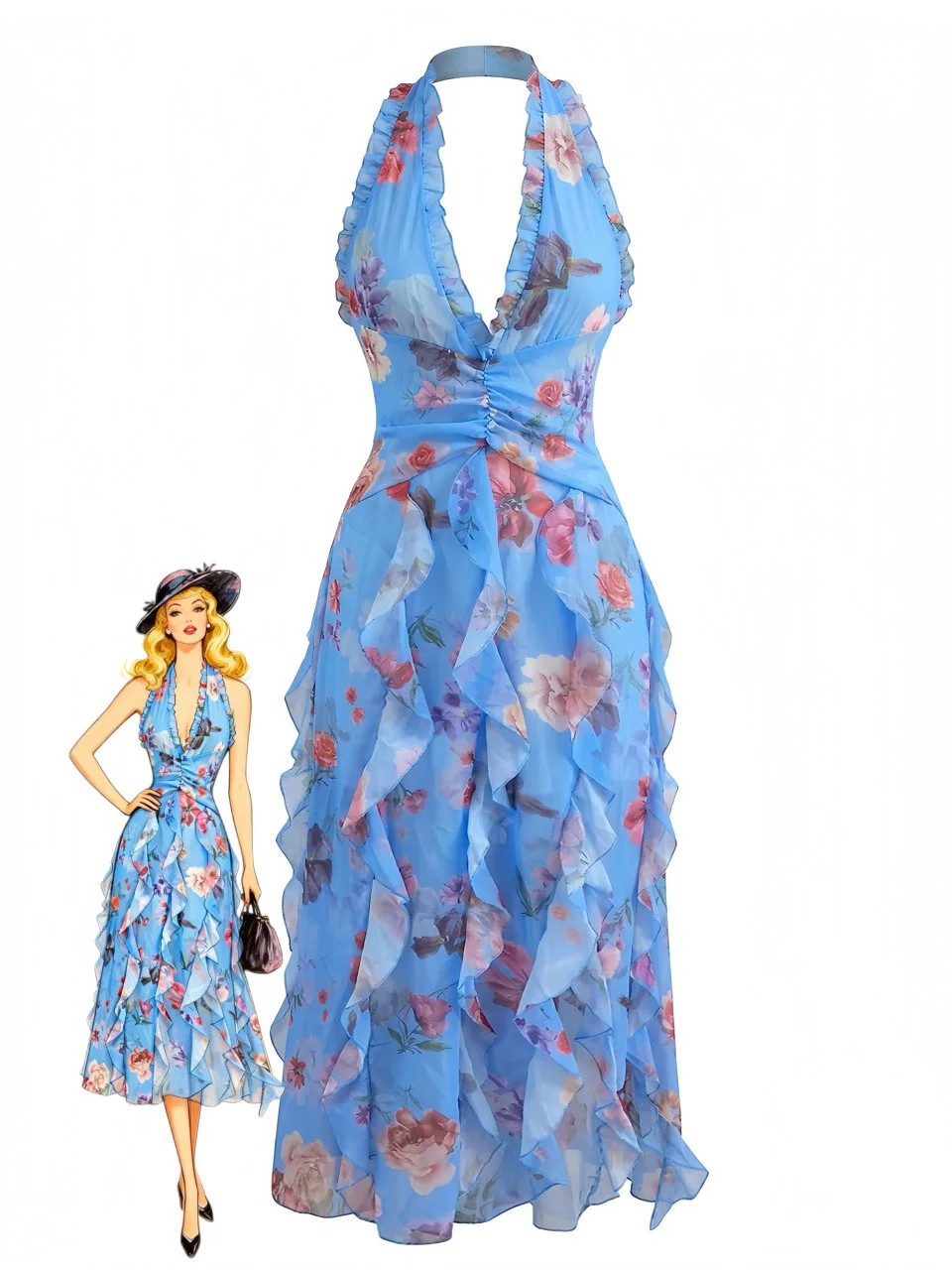 1930er Blumen Halter V-Ausschnitt Rüschen Plissiertes Kleid