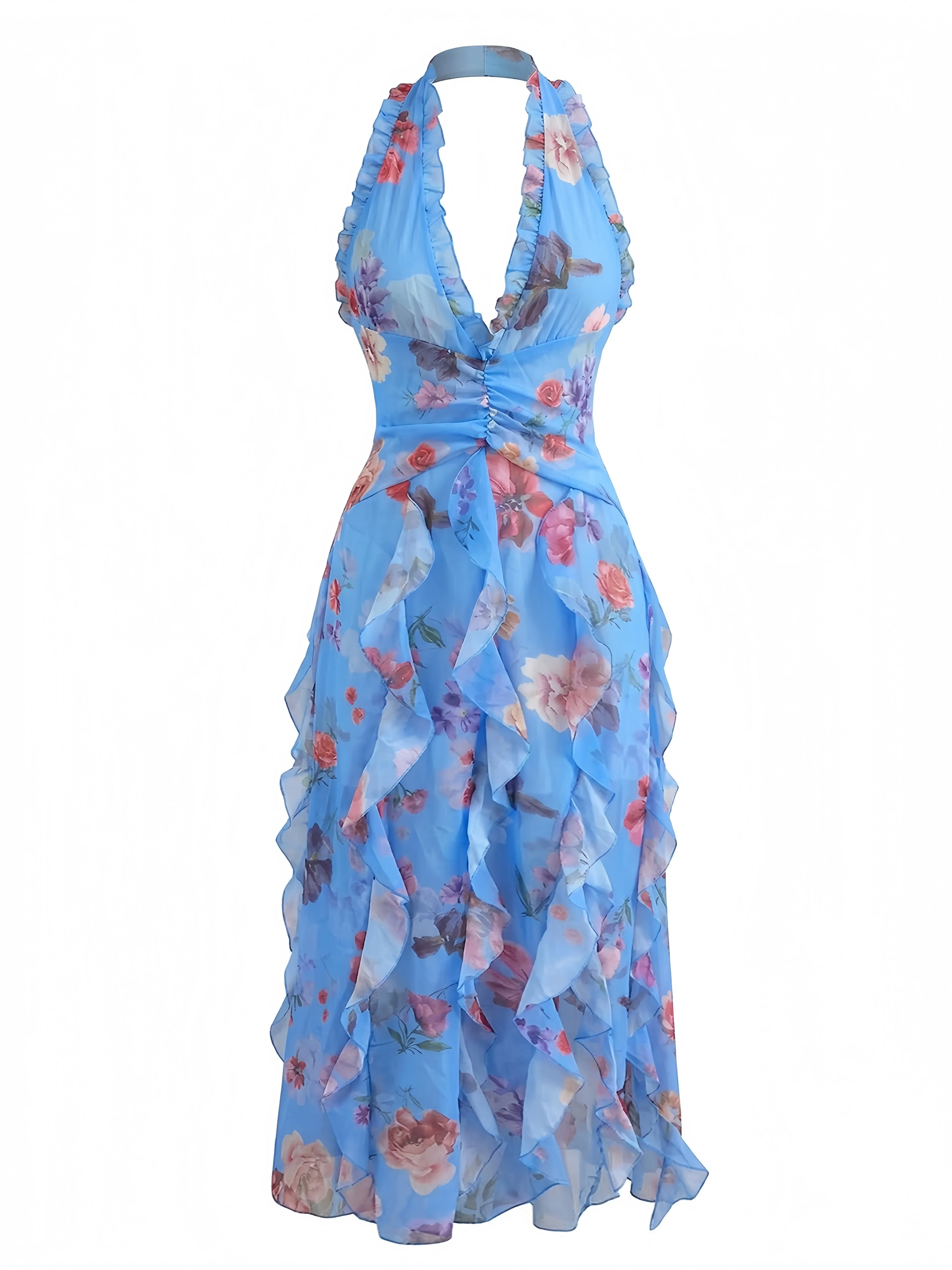 1930er Blumen Halter V-Ausschnitt Rüschen Plissiertes Kleid - Image 2