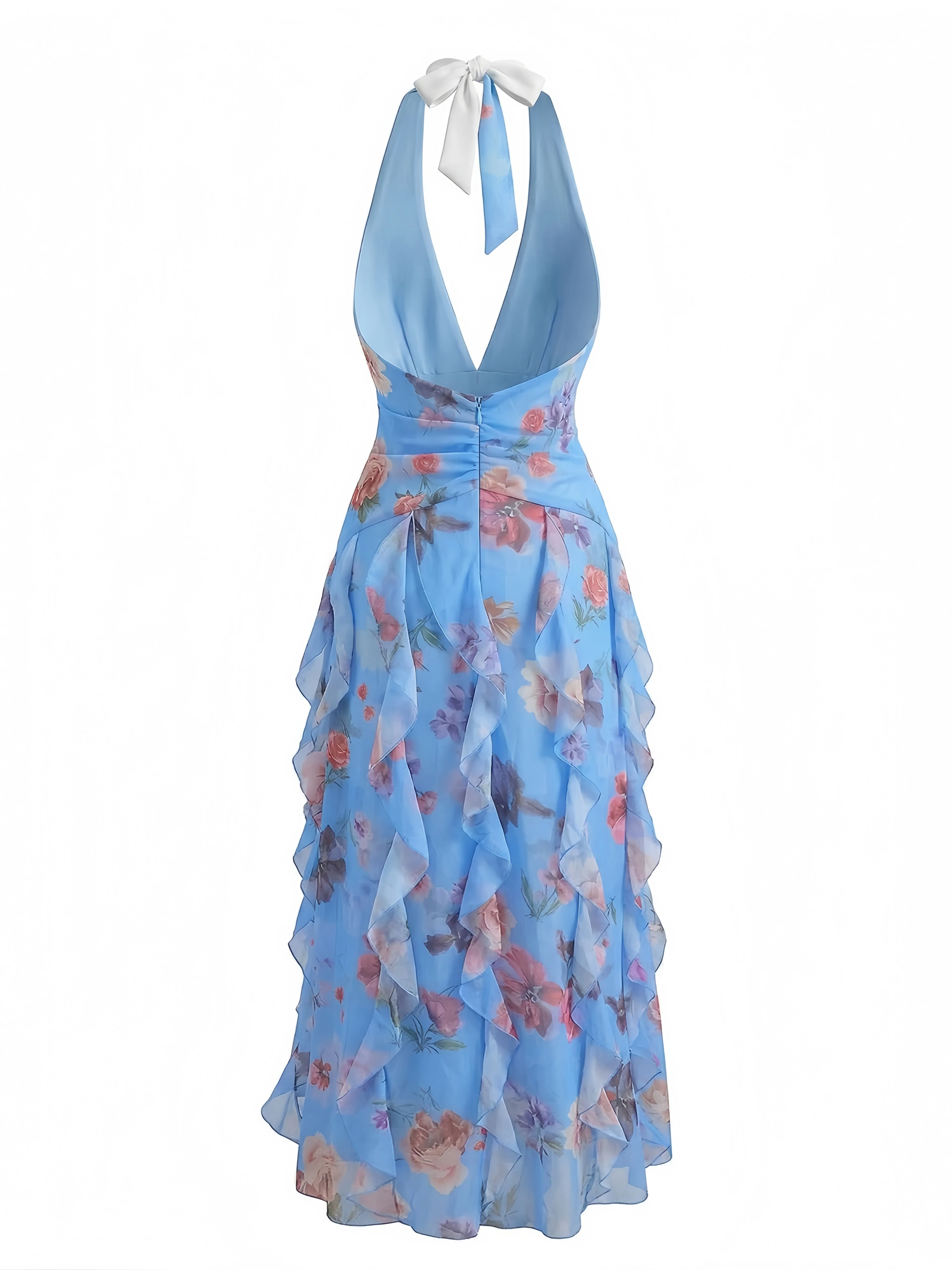 1930er Blumen Halter V-Ausschnitt Rüschen Plissiertes Kleid - Image 3
