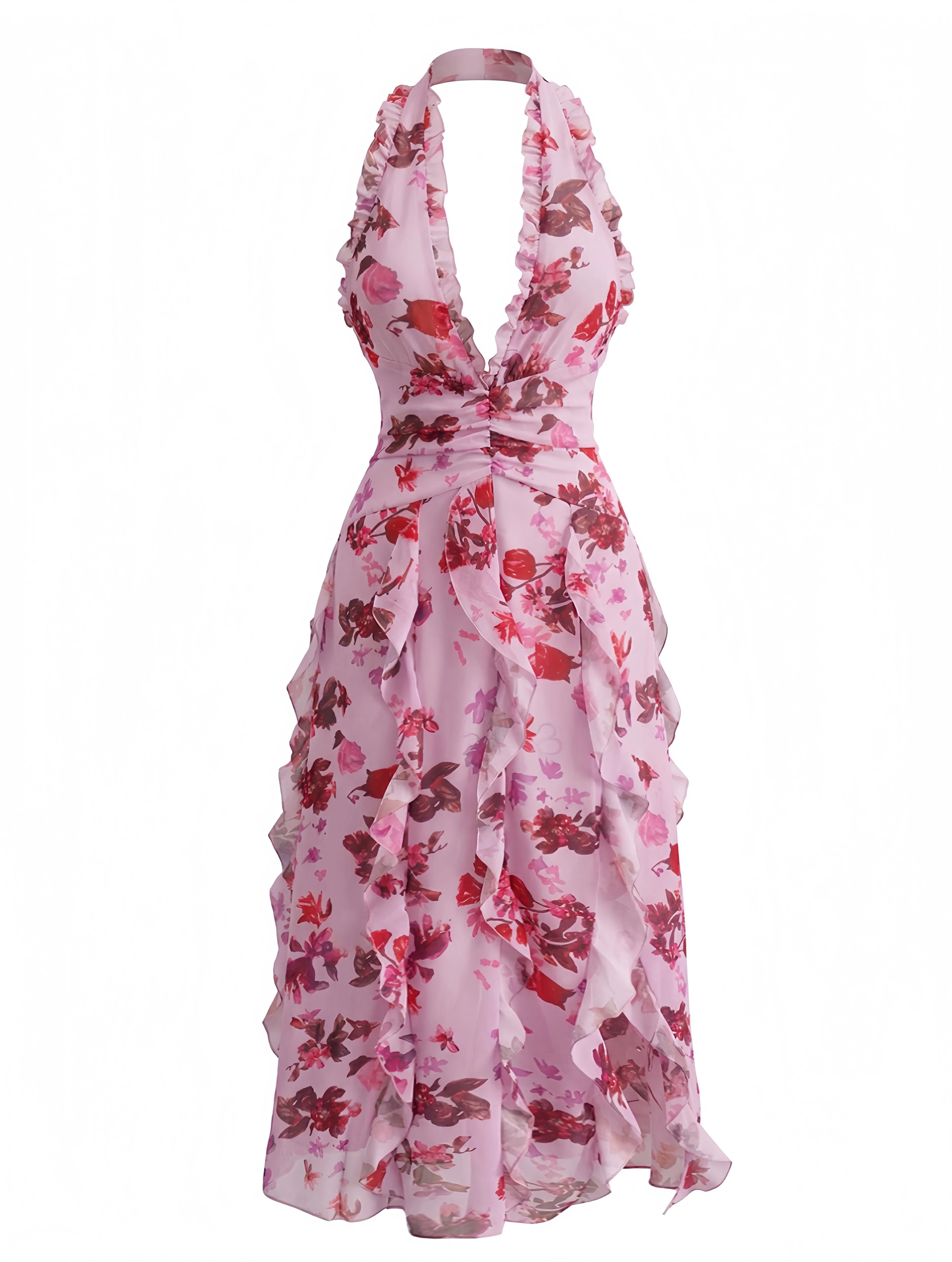 1930er Blumen Halter V-Ausschnitt Rüschen Plissiertes Kleid - Image 4