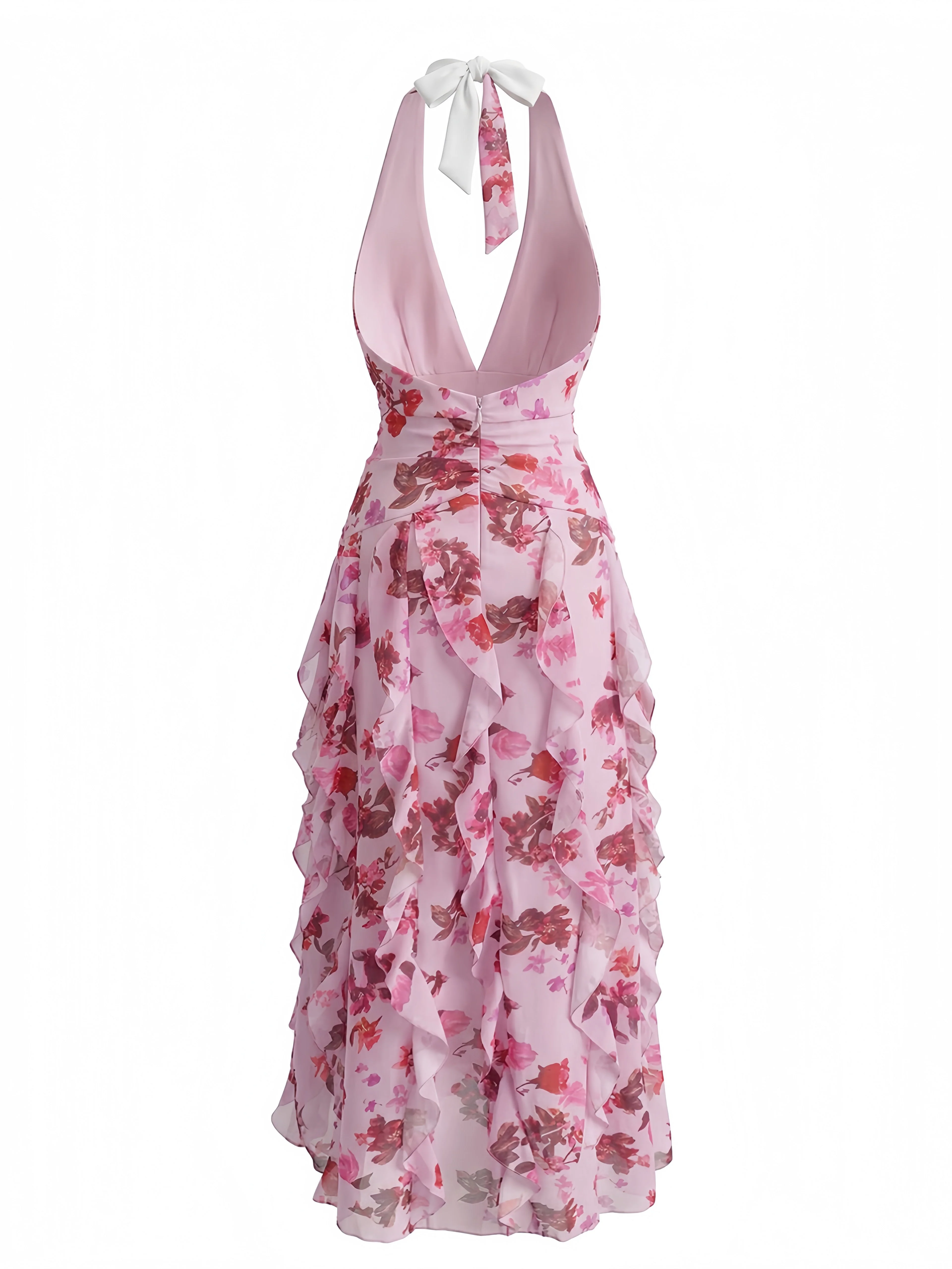 1930er Blumen Halter V-Ausschnitt Rüschen Plissiertes Kleid - Image 5