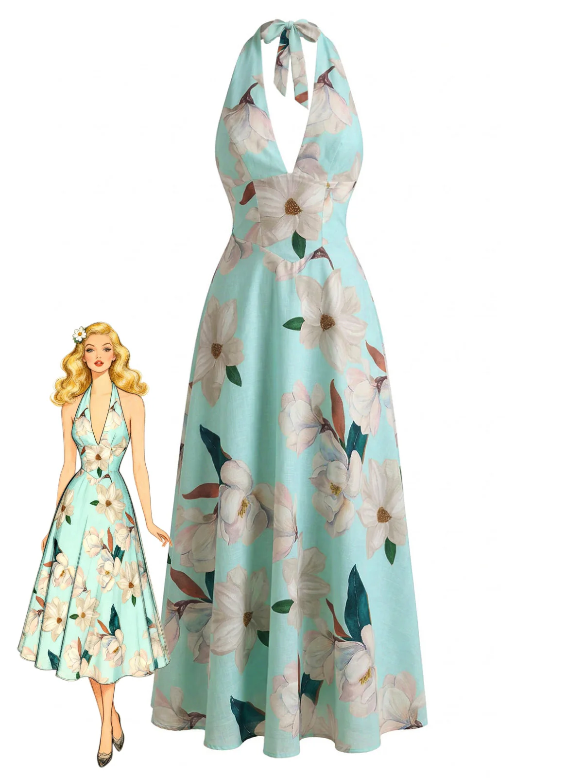 1930er Blumen Halter V-Ausschnitt Schnürung Kleid