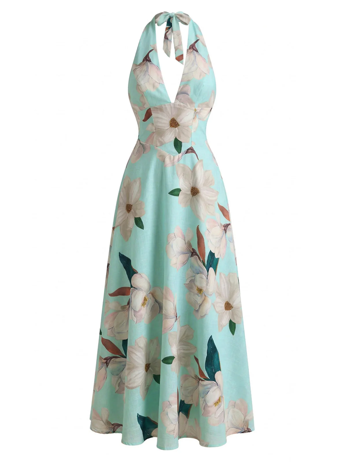 1930er Blumen Halter V-Ausschnitt Schnürung Kleid - Image 2