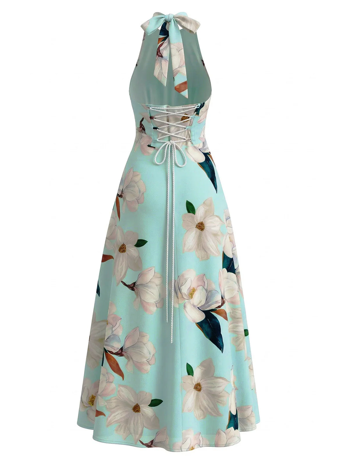 1930er Blumen Halter V-Ausschnitt Schnürung Kleid - Image 3
