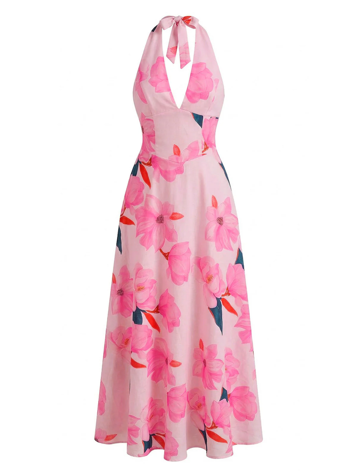 1930er Blumen Halter V-Ausschnitt Schnürung Kleid - Image 4