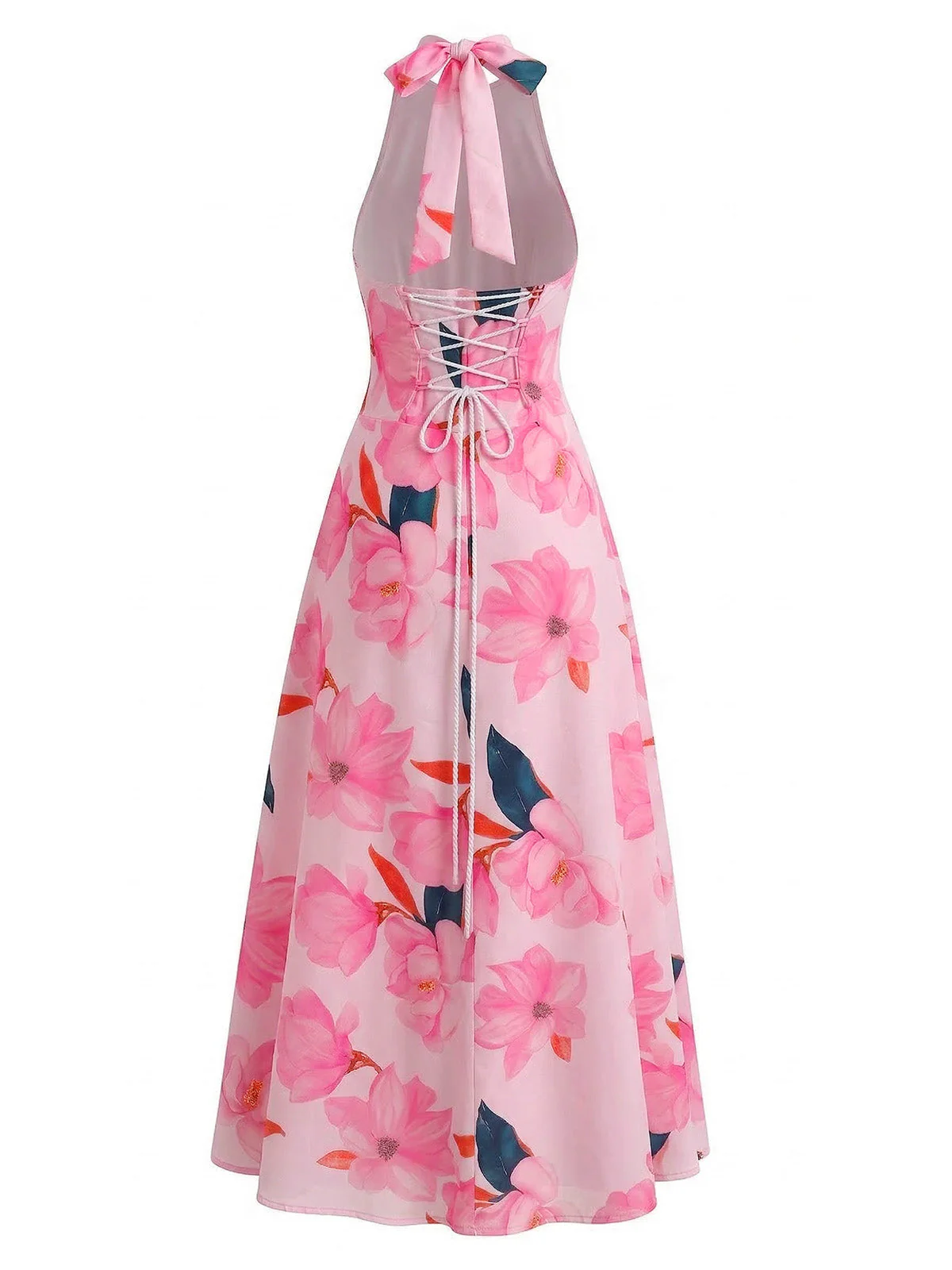1930er Blumen Halter V-Ausschnitt Schnürung Kleid - Image 5