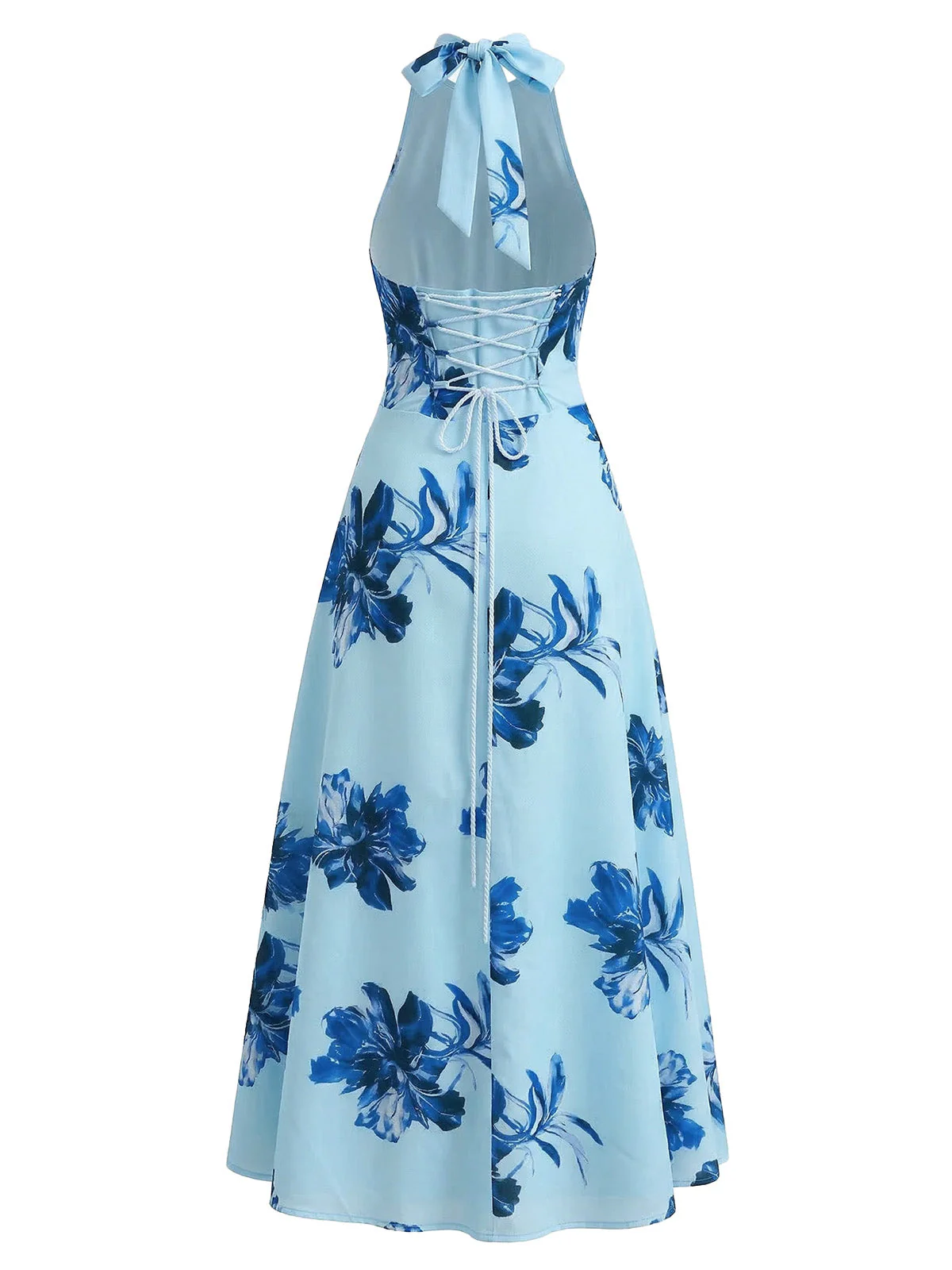 1930er Blumen Halter V-Ausschnitt Schnürung Kleid - Image 7