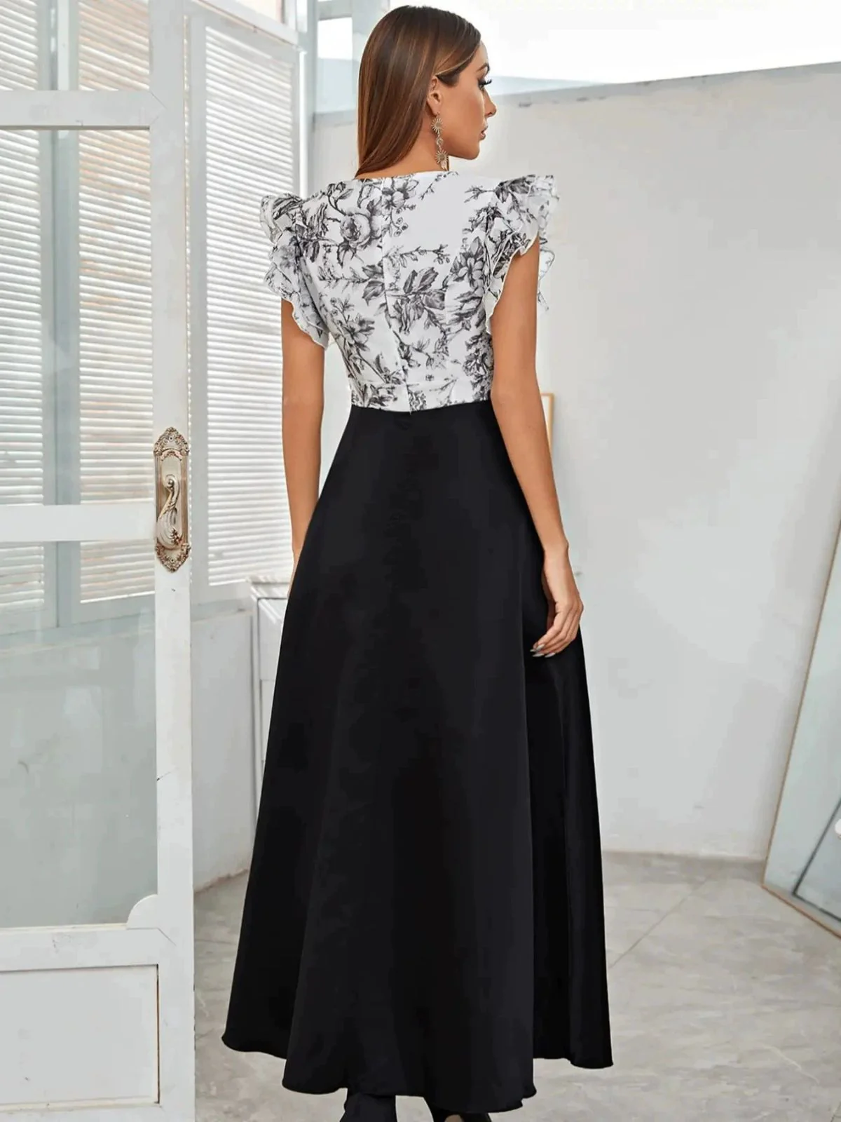1930er Blumen Rüschenärmel V-Ausschnitt Patchwork Kleid - Image 5