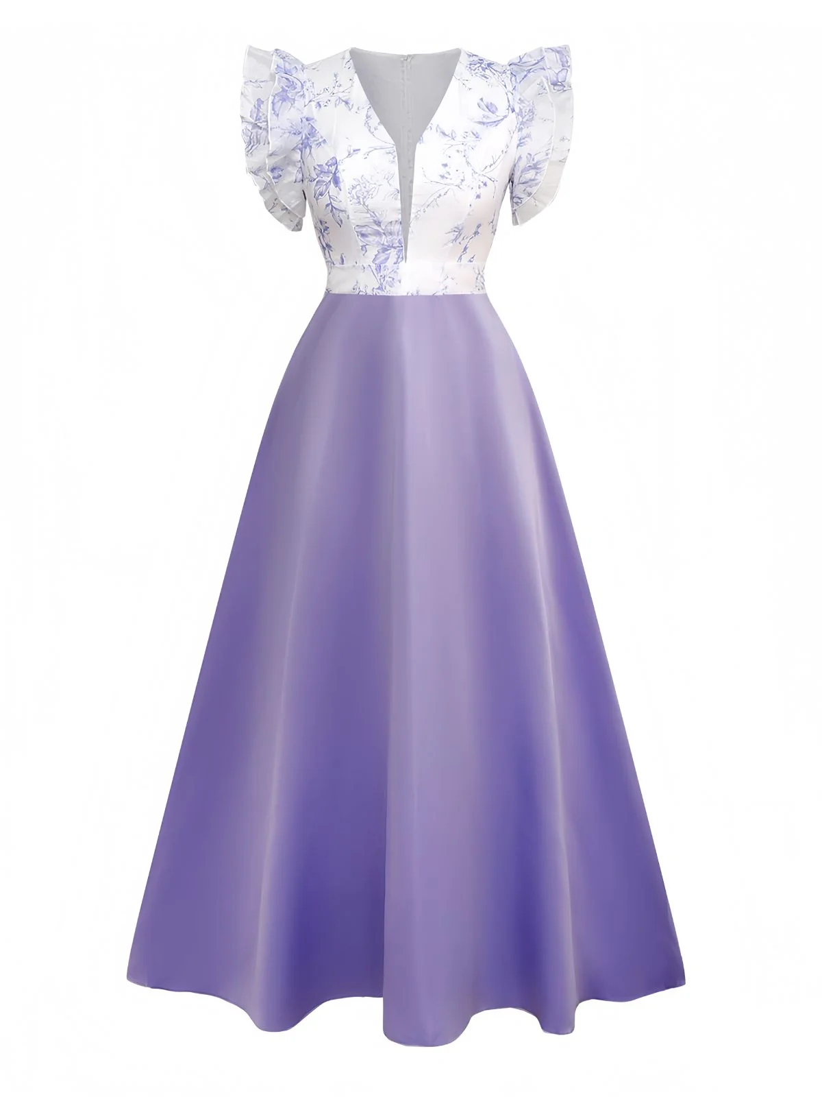 1930er Blumen Rüschenärmel V-Ausschnitt Patchwork Kleid - Image 7