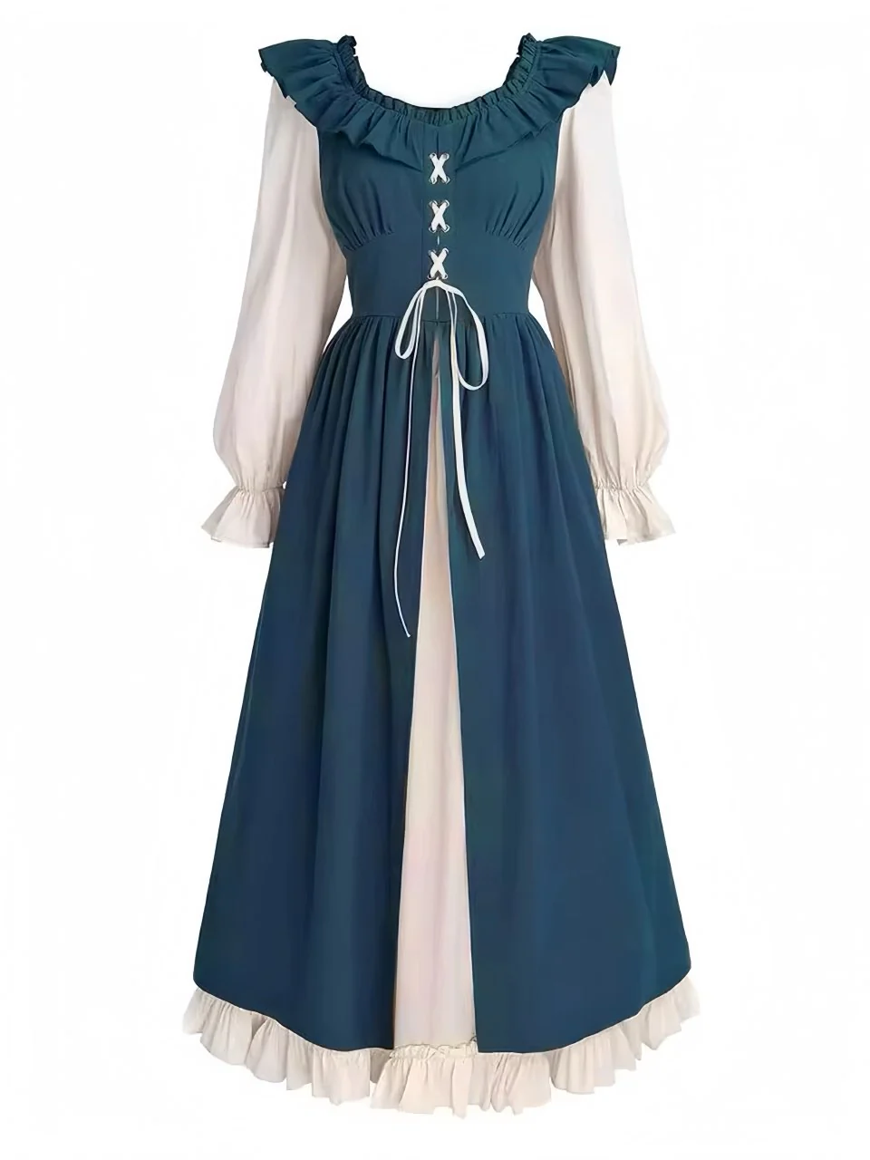 1930er Farbblock Rüschen Schnürung Renaissance Kleid - Image 2