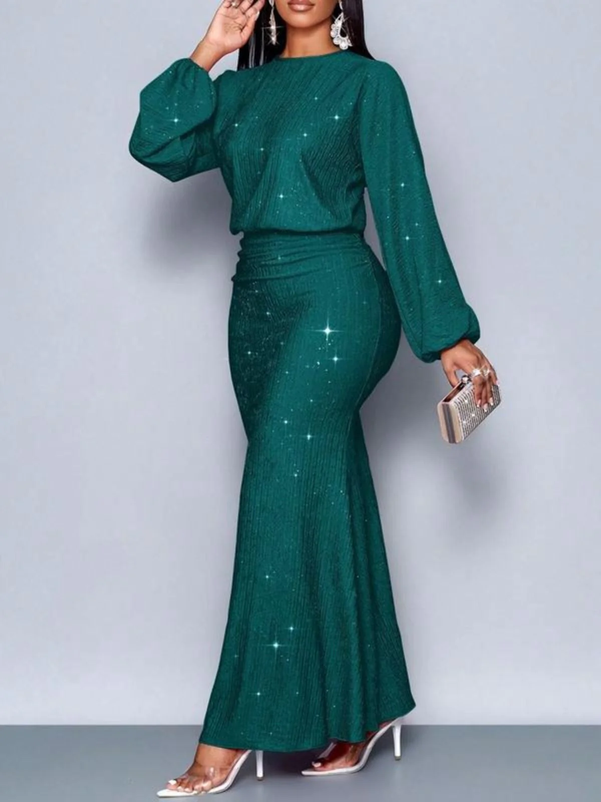 1930er Funkeln Gerüschtes Laternenärmel Stricken Fischschwanz Kleid - Image 10