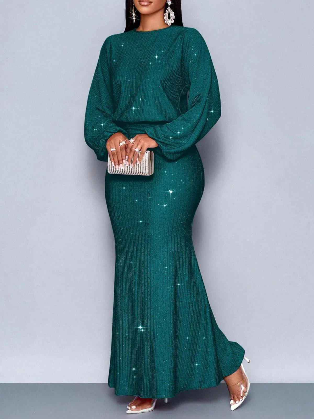 1930er Funkeln Gerüschtes Laternenärmel Stricken Fischschwanz Kleid - Image 11