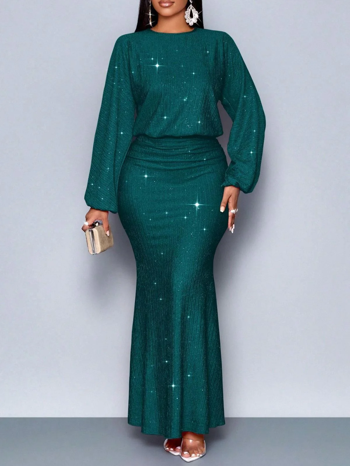 1930er Funkeln Gerüschtes Laternenärmel Stricken Fischschwanz Kleid - Image 13