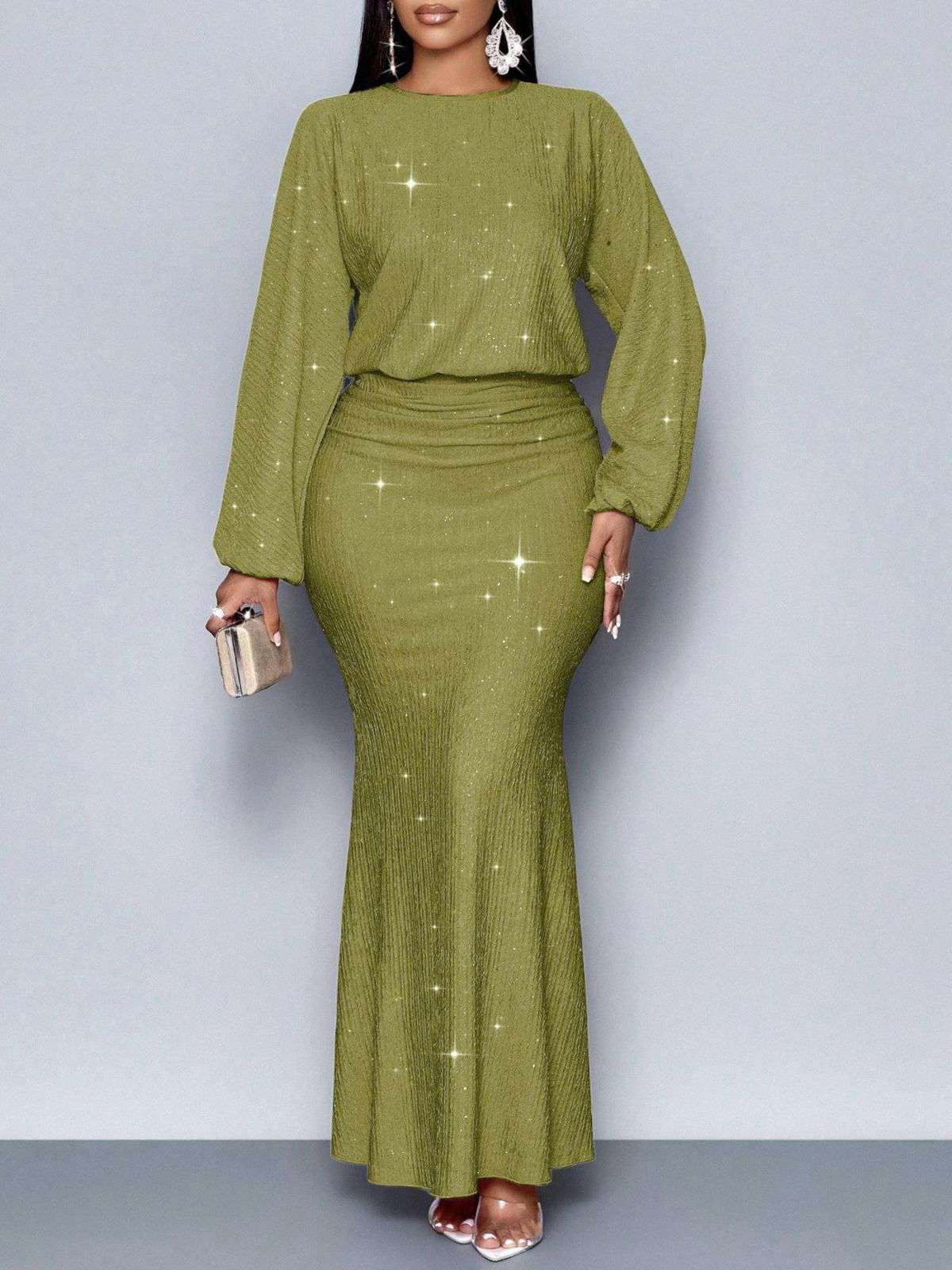 1930er Funkeln Gerüschtes Laternenärmel Stricken Fischschwanz Kleid - Image 14