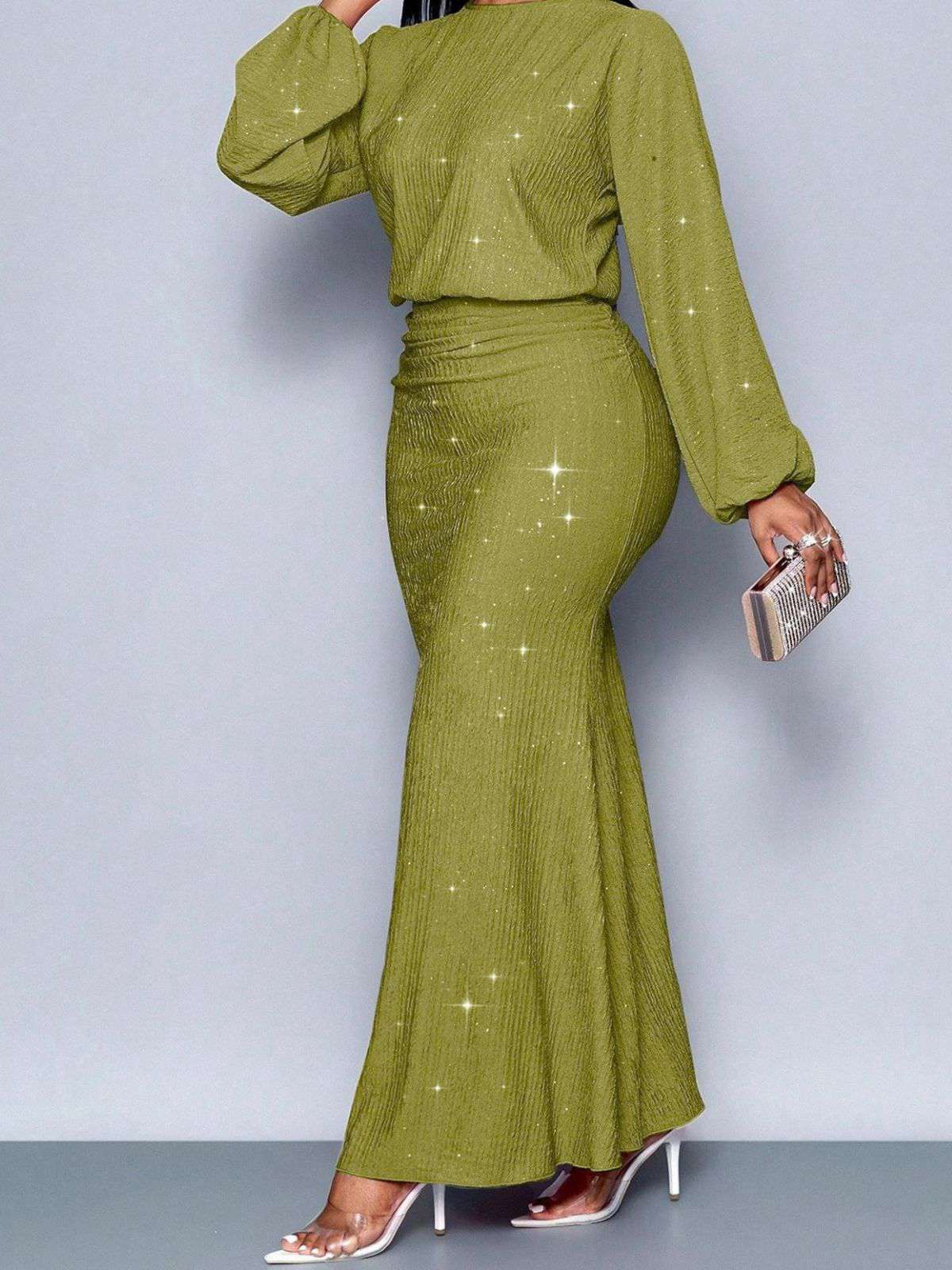1930er Funkeln Gerüschtes Laternenärmel Stricken Fischschwanz Kleid - Image 16