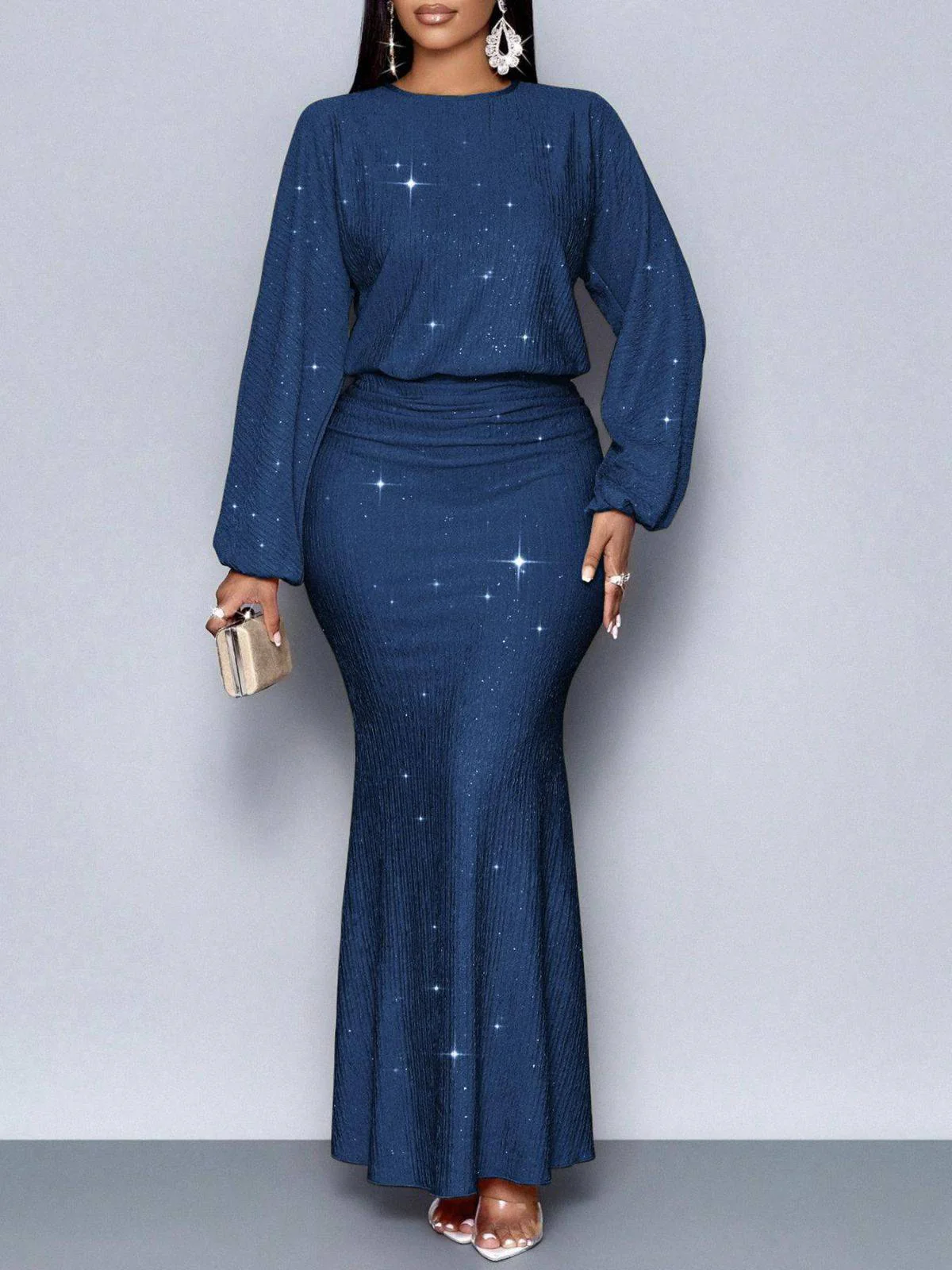 1930er Funkeln Gerüschtes Laternenärmel Stricken Fischschwanz Kleid - Image 3