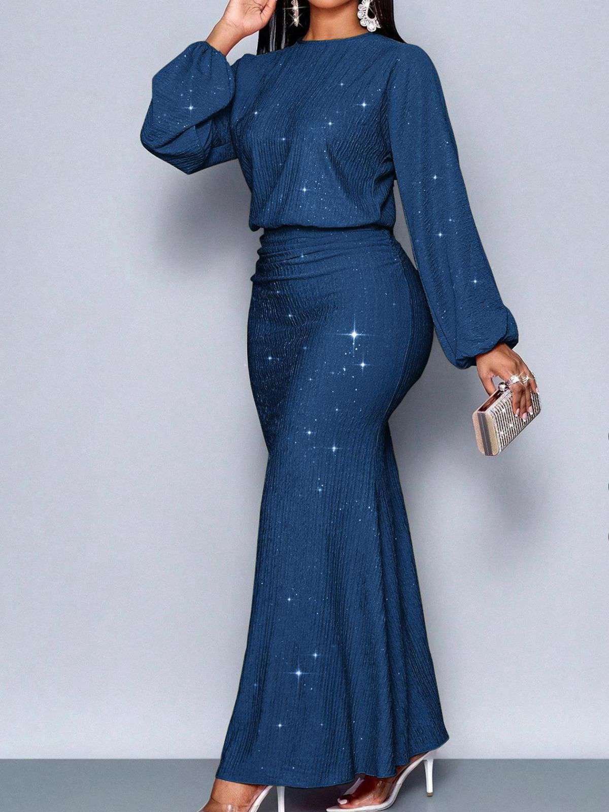 1930er Funkeln Gerüschtes Laternenärmel Stricken Fischschwanz Kleid - Image 5