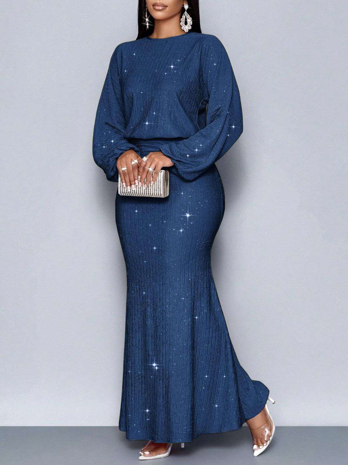 1930er Funkeln Gerüschtes Laternenärmel Stricken Fischschwanz Kleid - Image 7