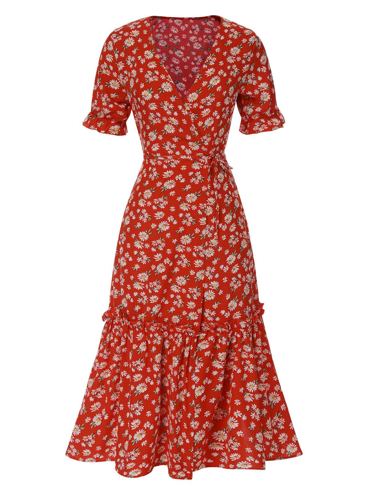 1930er Gänseblümchen Überkreuztes V-Ausschnitt Gürtel Kleid - Image 2