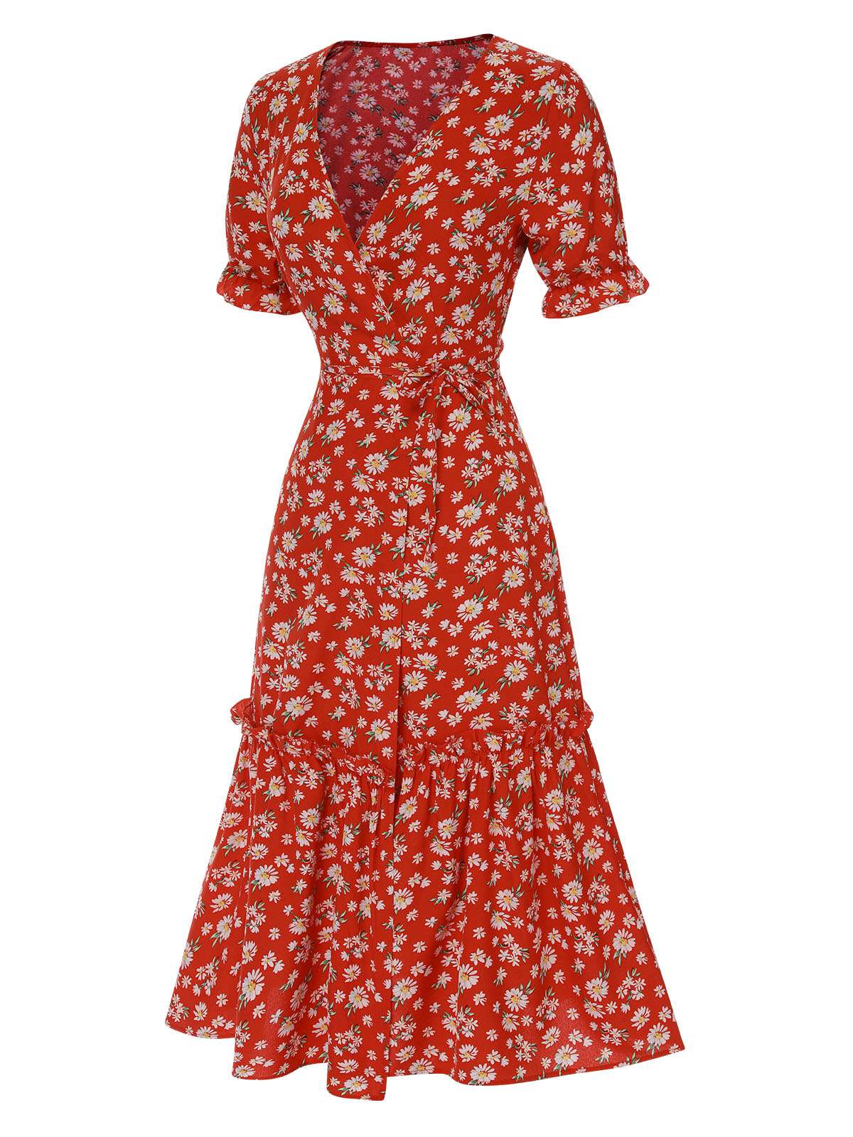1930er Gänseblümchen Überkreuztes V-Ausschnitt Gürtel Kleid - Image 3