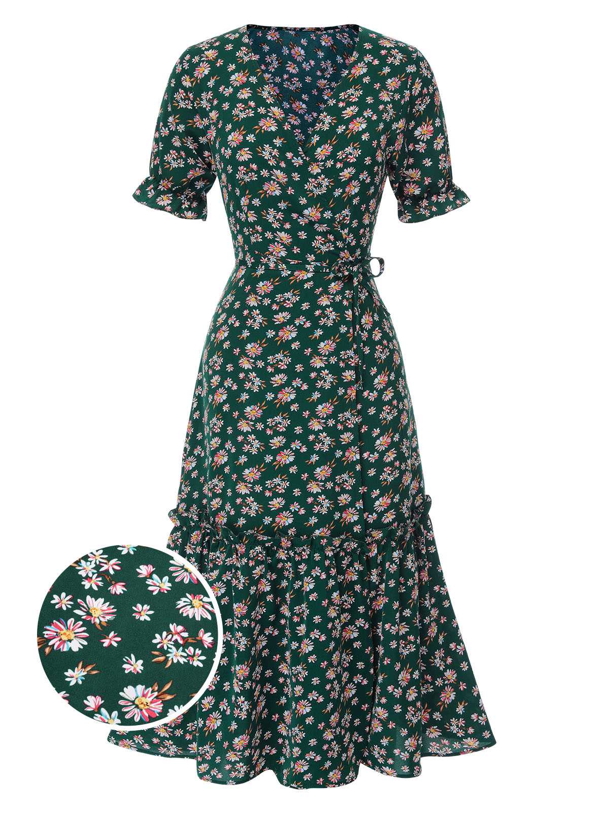 1930er Gänseblümchen Überkreuztes V-Ausschnitt Gürtel Kleid - Image 7