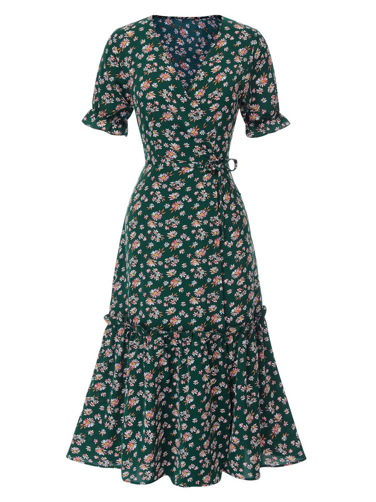 1930er Gänseblümchen Überkreuztes V-Ausschnitt Gürtel Kleid - Image 8