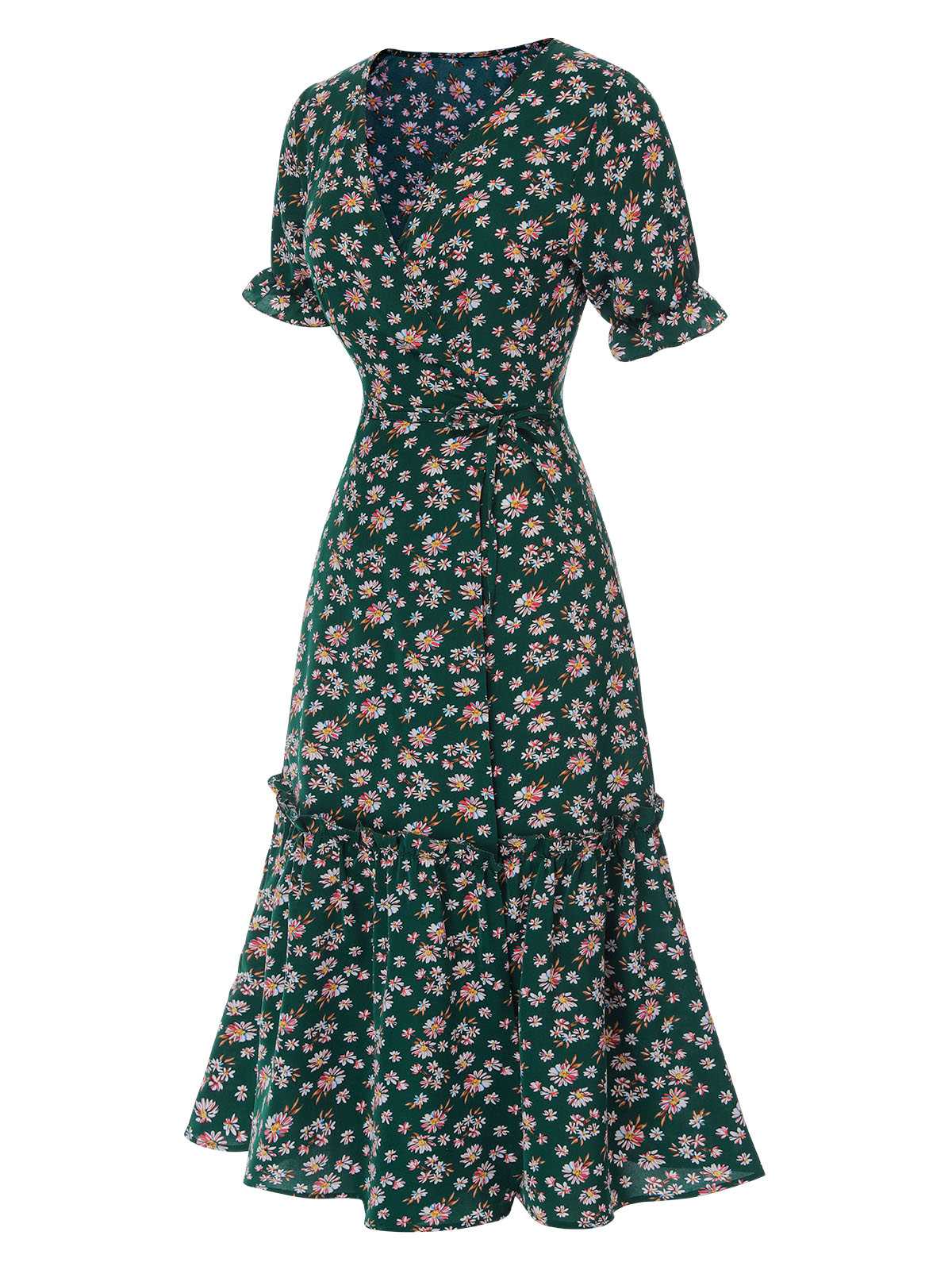 1930er Gänseblümchen Überkreuztes V-Ausschnitt Gürtel Kleid - Image 9