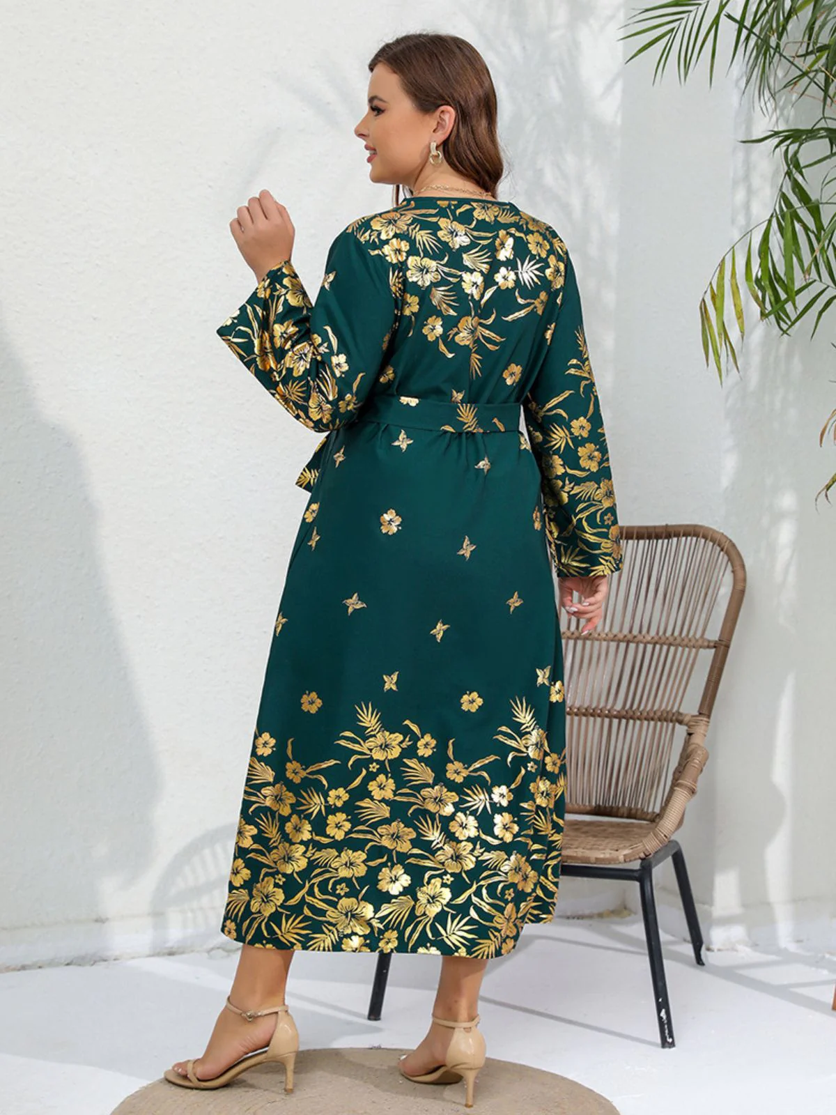 [Übergröße] 1930er Grünes geblümtes Kleid mit langen Ärmeln und Gürtel - Image 3