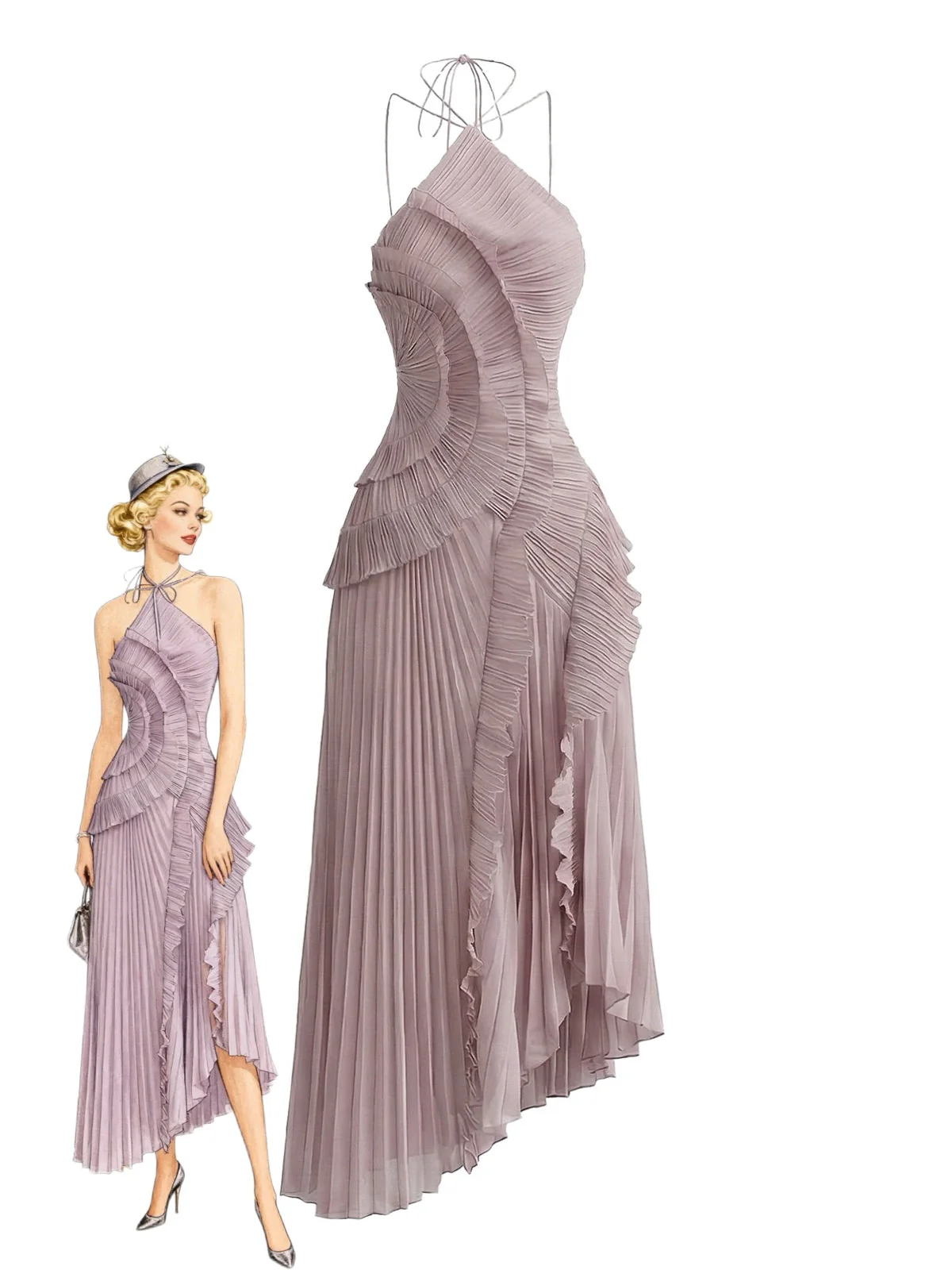 1930er Halter Rüschen Plissiertes Schlitz Maxi Kleid - Image 4