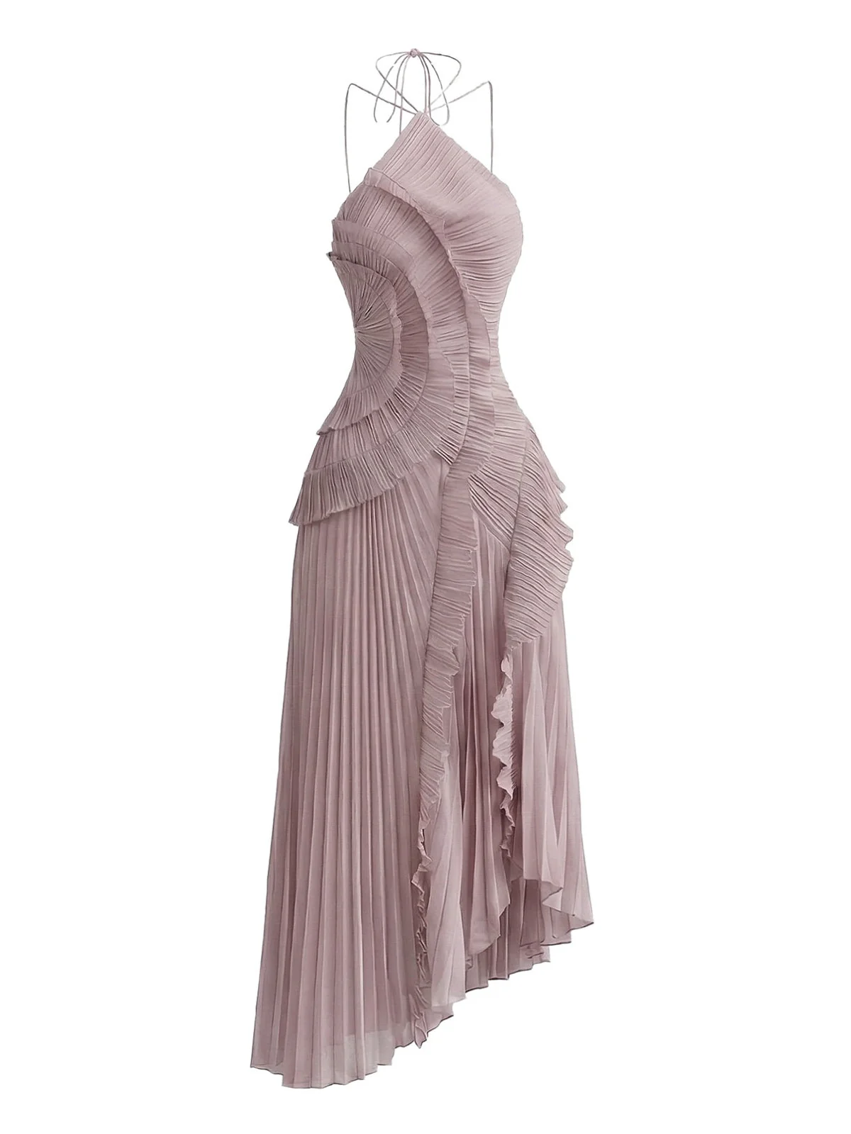 1930er Halter Rüschen Plissiertes Schlitz Maxi Kleid - Image 5