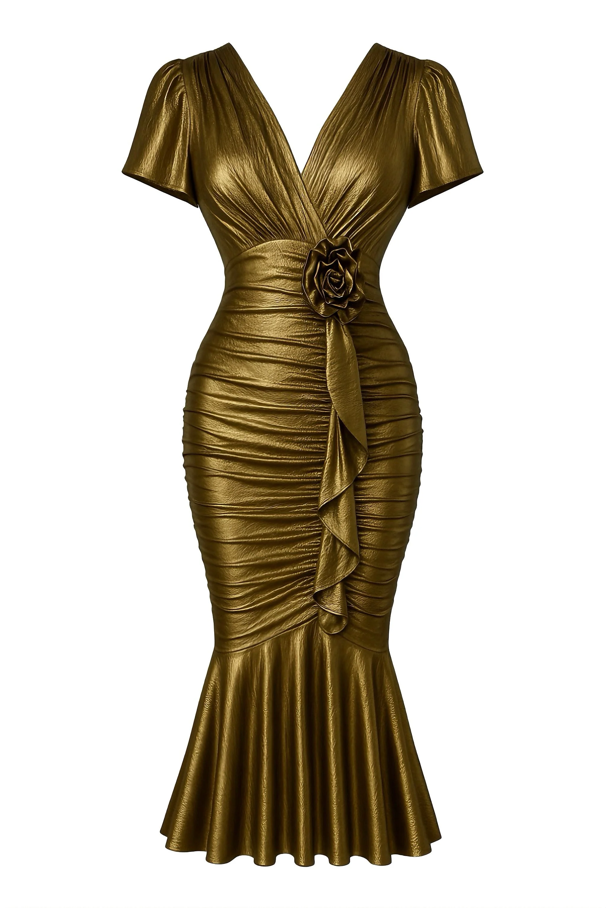 1930er Metallic Strukturiert Blumen Tailliert Fischschwanz Kleid - Image 3