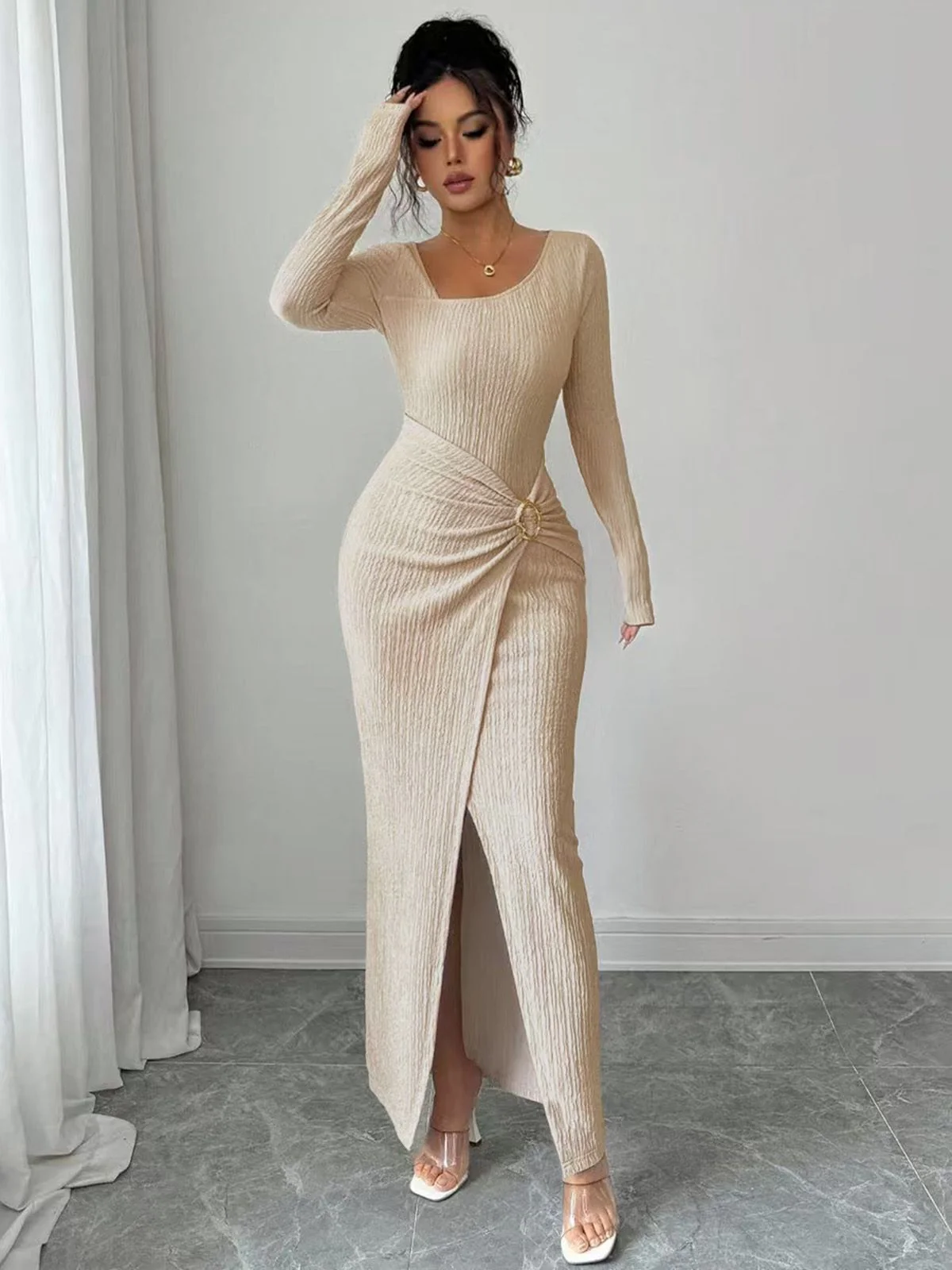 1930er Rippstrick Langarm Split Kleid - Image 3