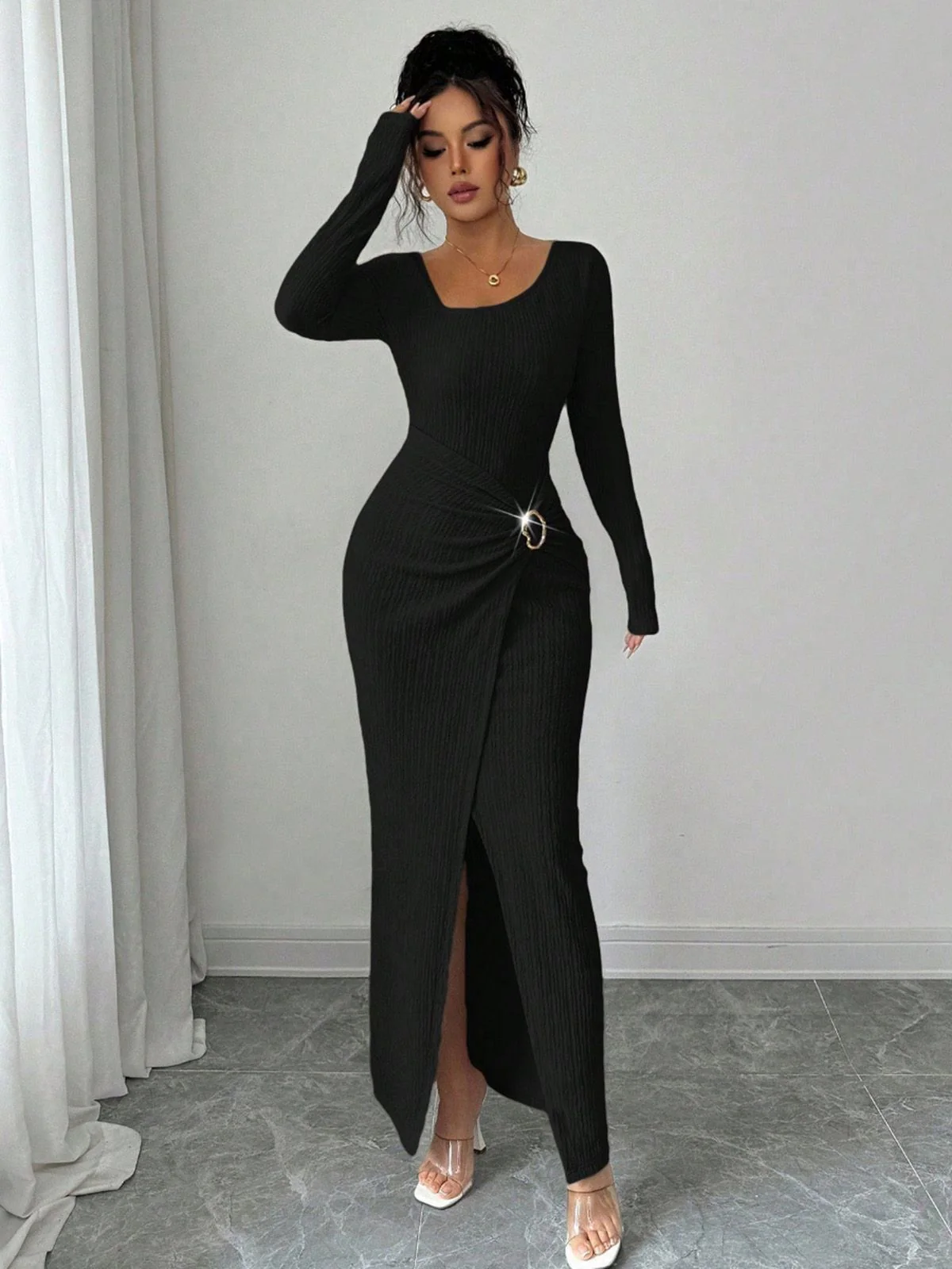 1930er Rippstrick Langarm Split Kleid - Image 5