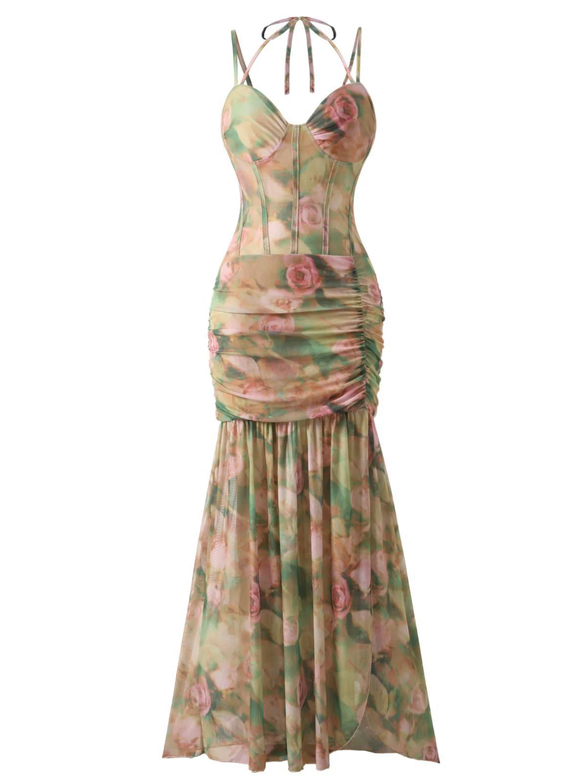 1930er Rose Druck Fischgrät Gerafft Schlitz Kleid - Image 2