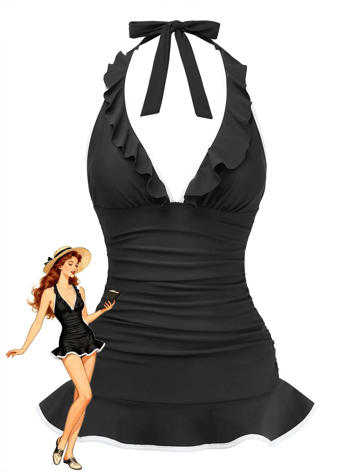1930er Rüschen Halter Kontrast Besatz Badeanzugkleid