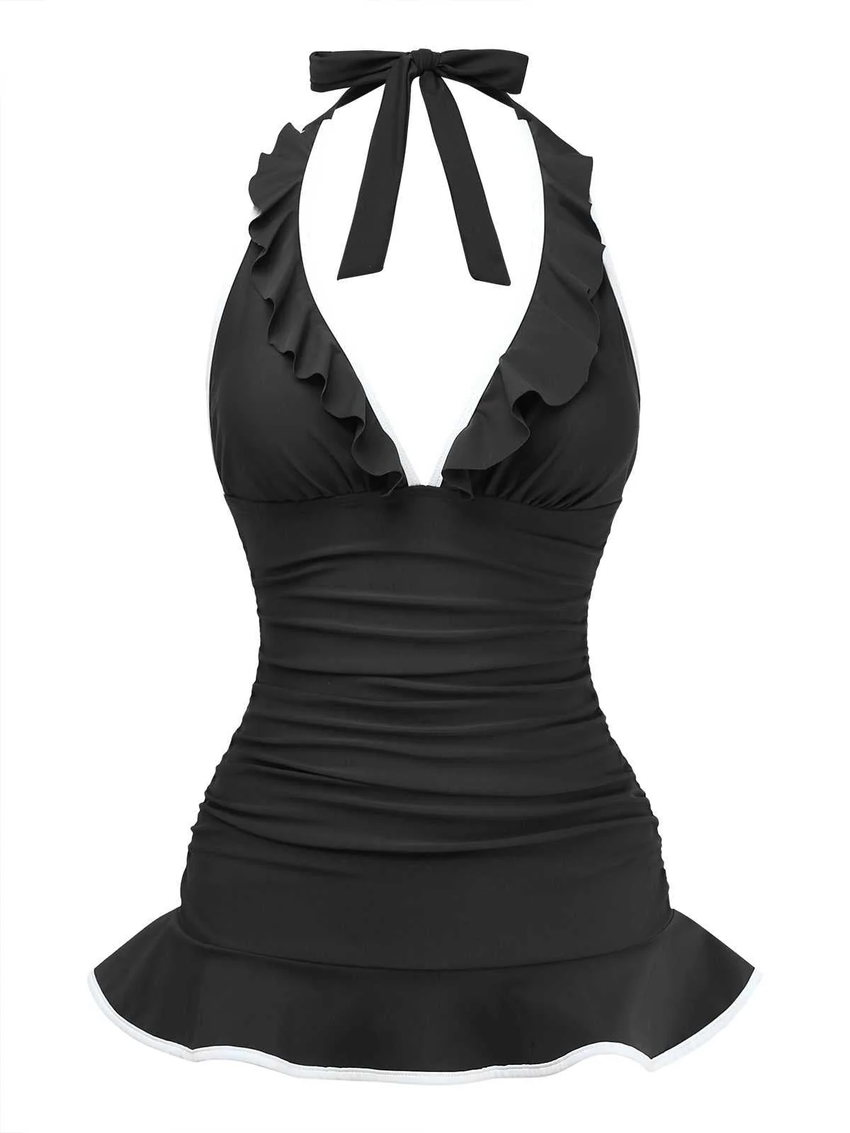 1930er Rüschen Halter Kontrast Besatz Badeanzugkleid - Image 2