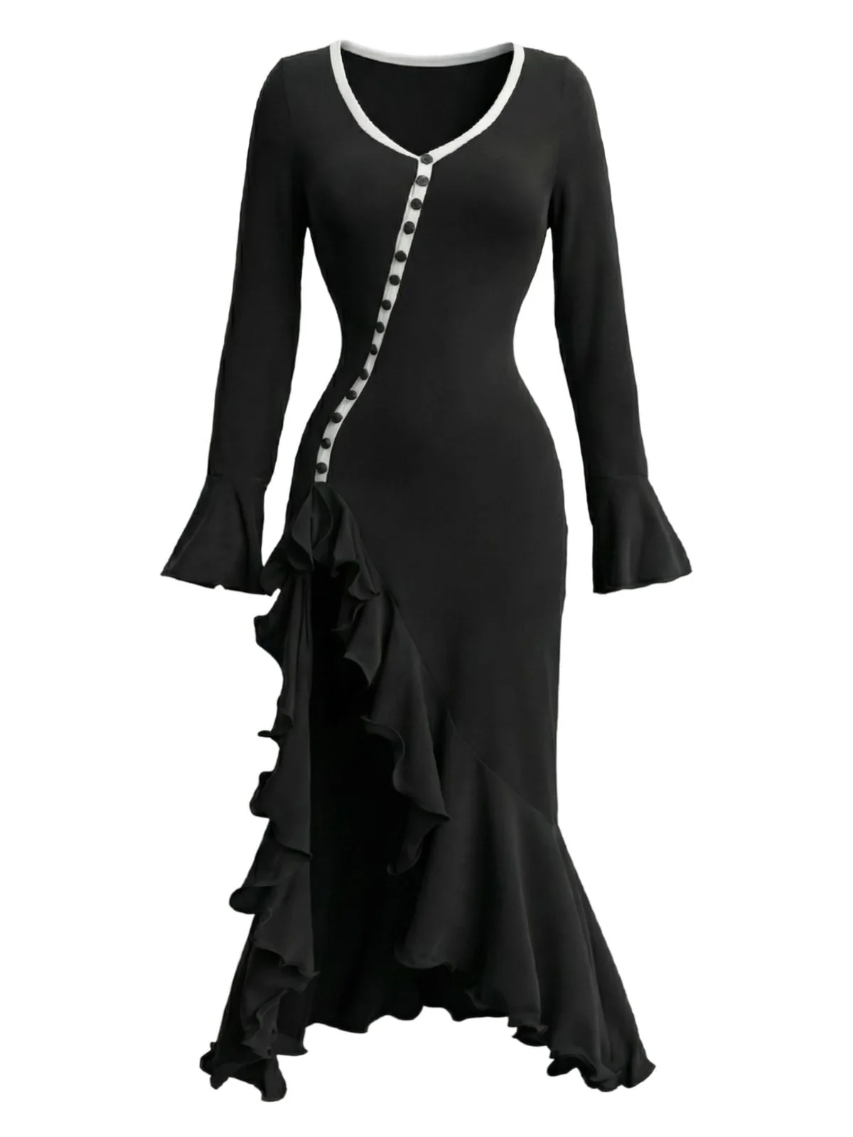1930er Rüschen Taste Seiten Schlitz Midi Kleid - Image 7