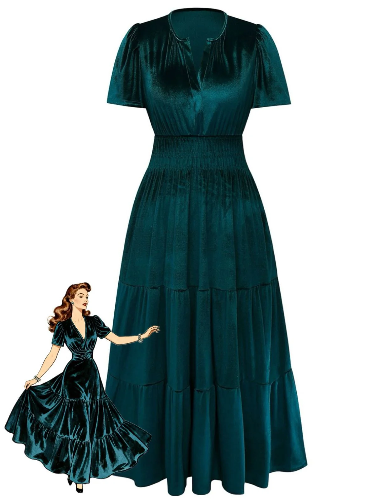 1930er Samt Solide Kurzarm Maxi Kleid