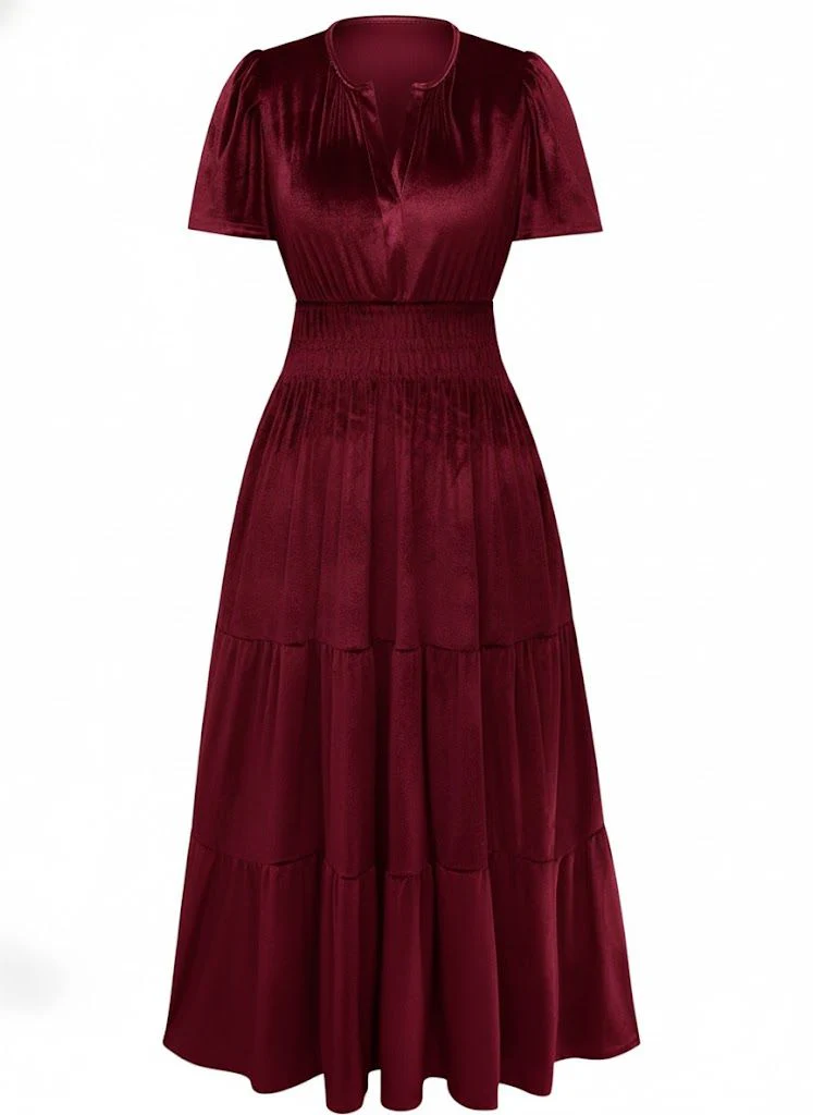 1930er Samt Solide Kurzarm Maxi Kleid - Image 8