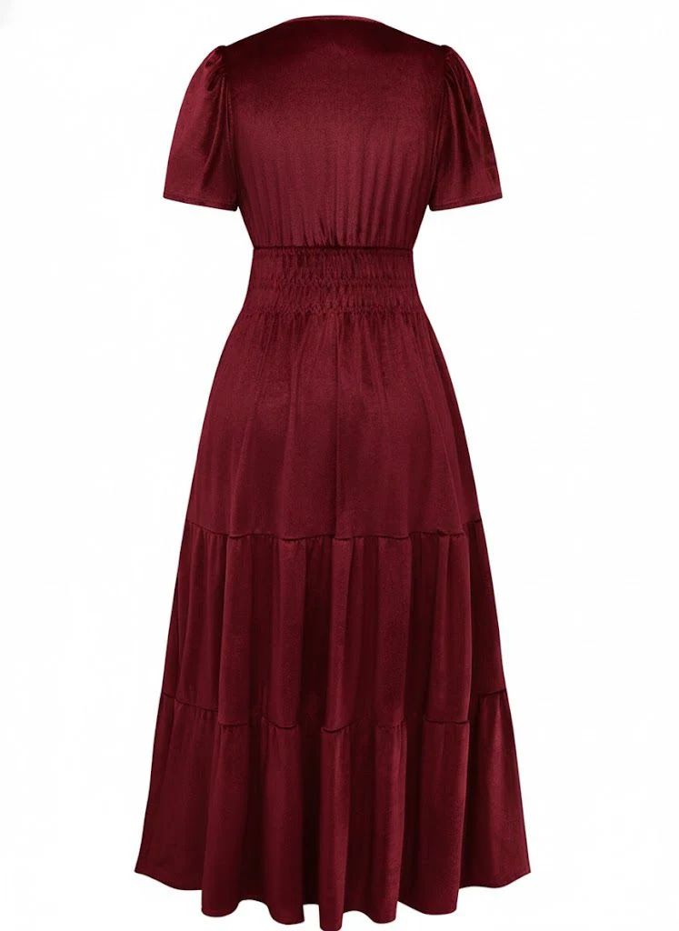1930er Samt Solide Kurzarm Maxi Kleid - Image 9