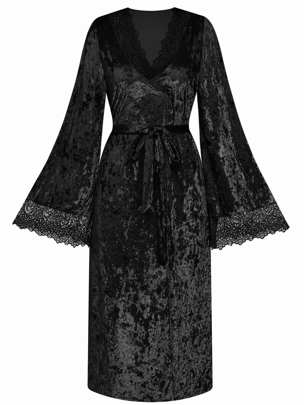 1930er Samt Spitze Lang Ärmel Patchwork Pyjama Robe - Image 4