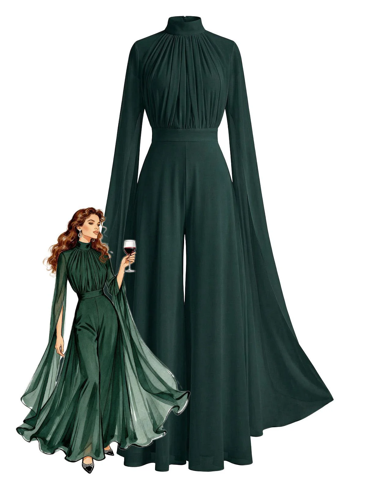 1930er Satin Langarm Rüschen Saum Gerafft Jumpsuit