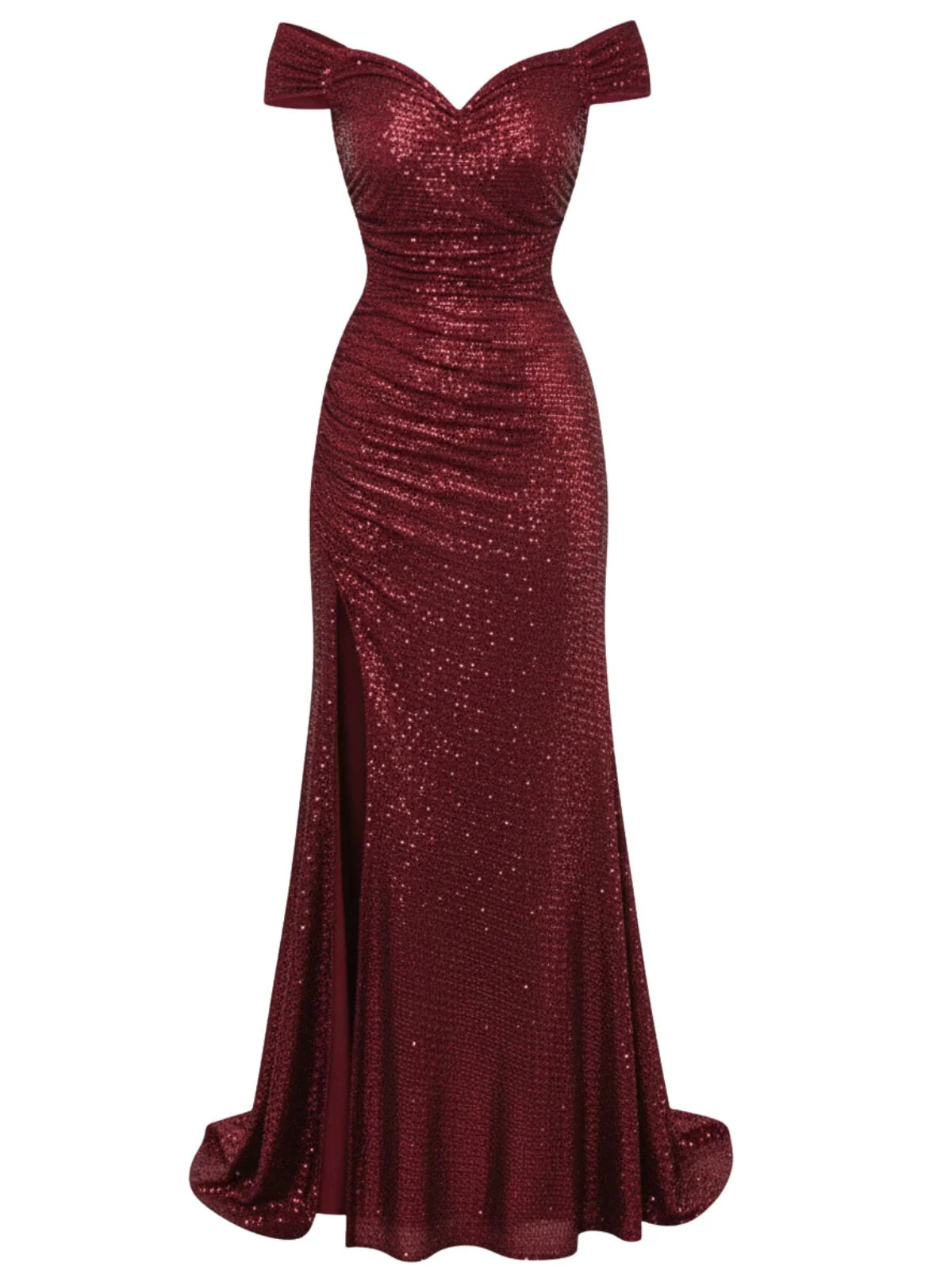 1930er Schulterfrei Glitzer Schlitz Maxi Kleid