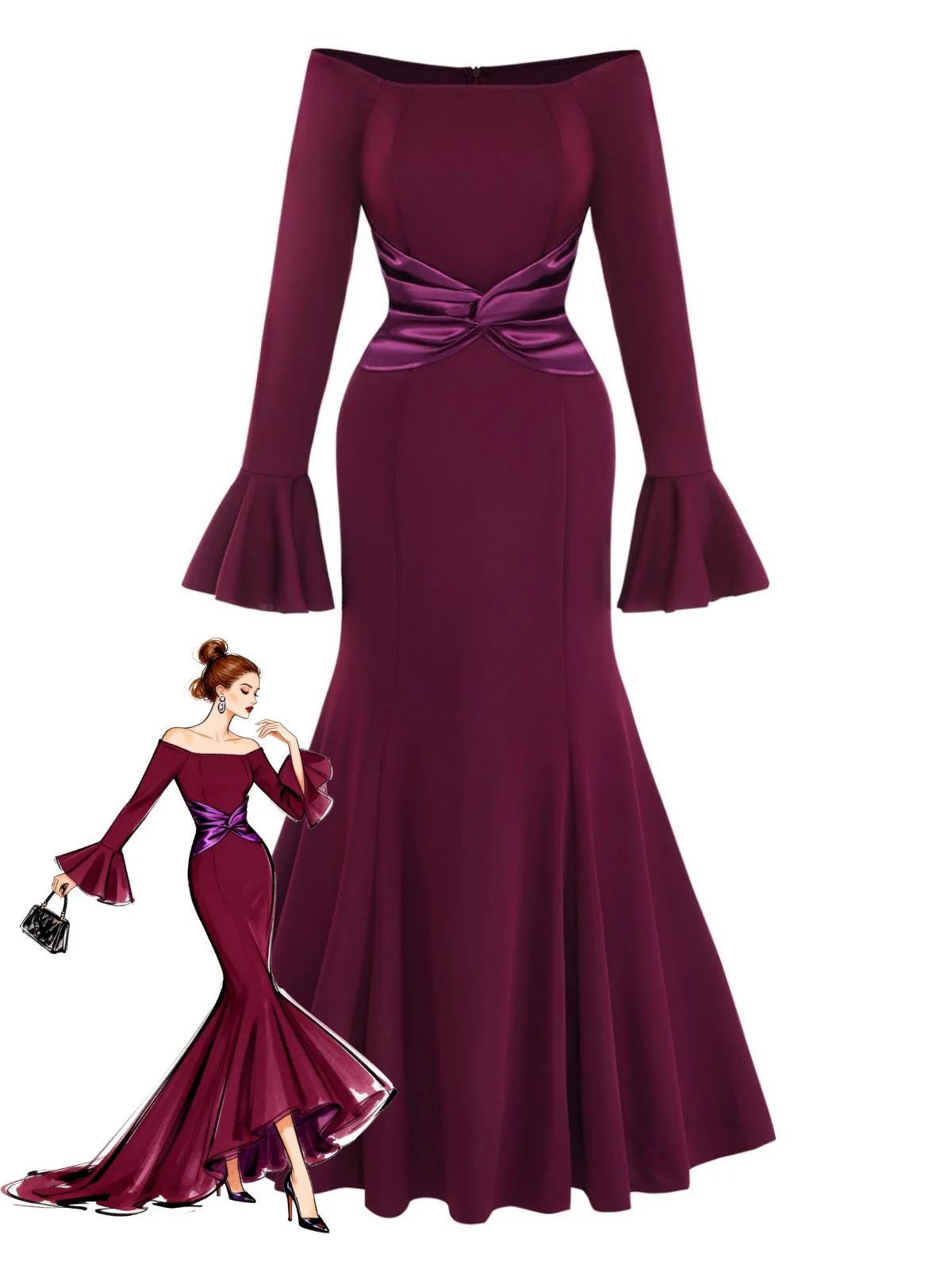1930er Solide Schulterfrei Plissiertes Glockenärmel Kleid